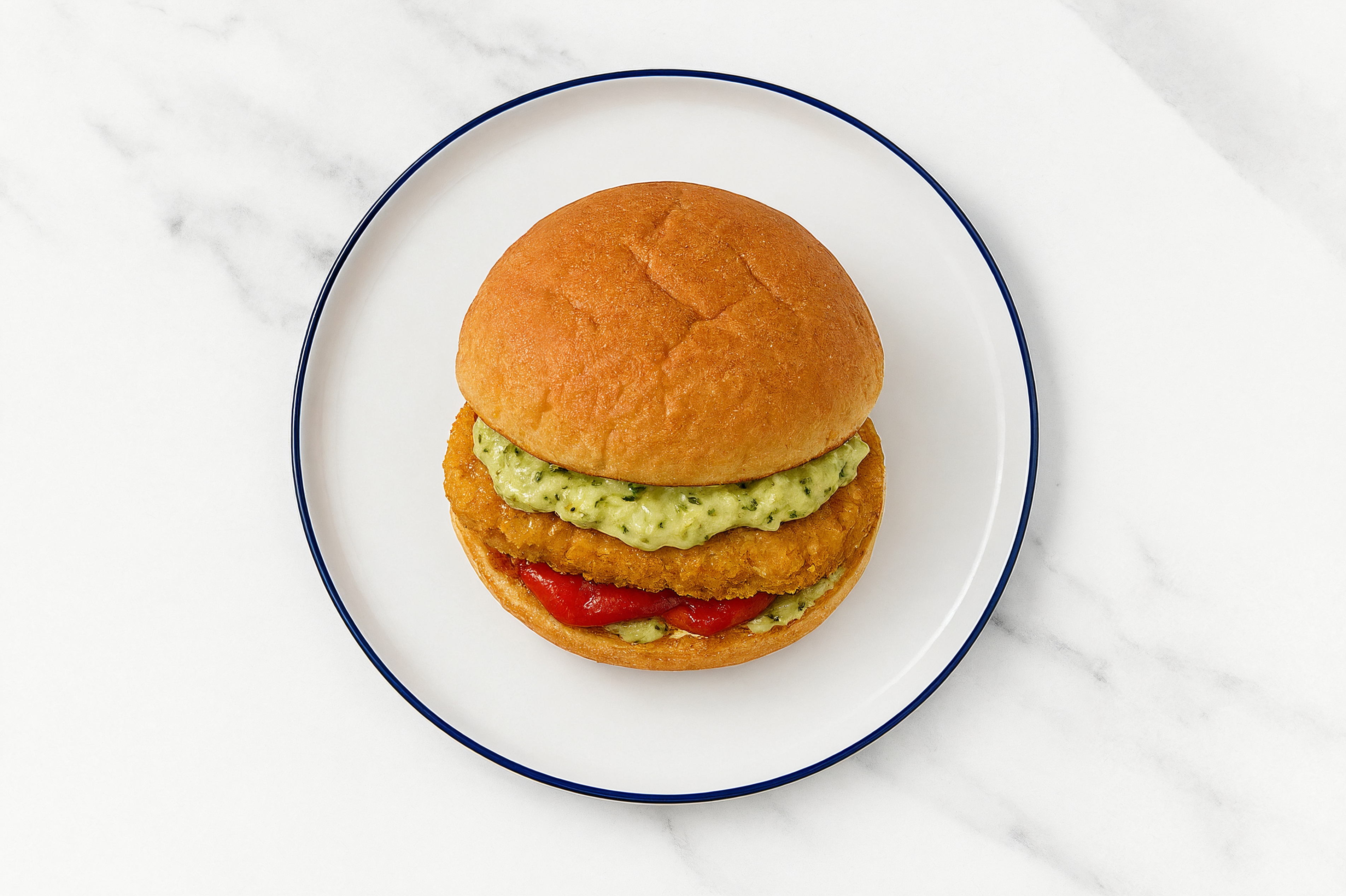 Creamy Artichoke "Chicken" Tenders Sandwich with Roasted Peppers on Gluten-Free Buns