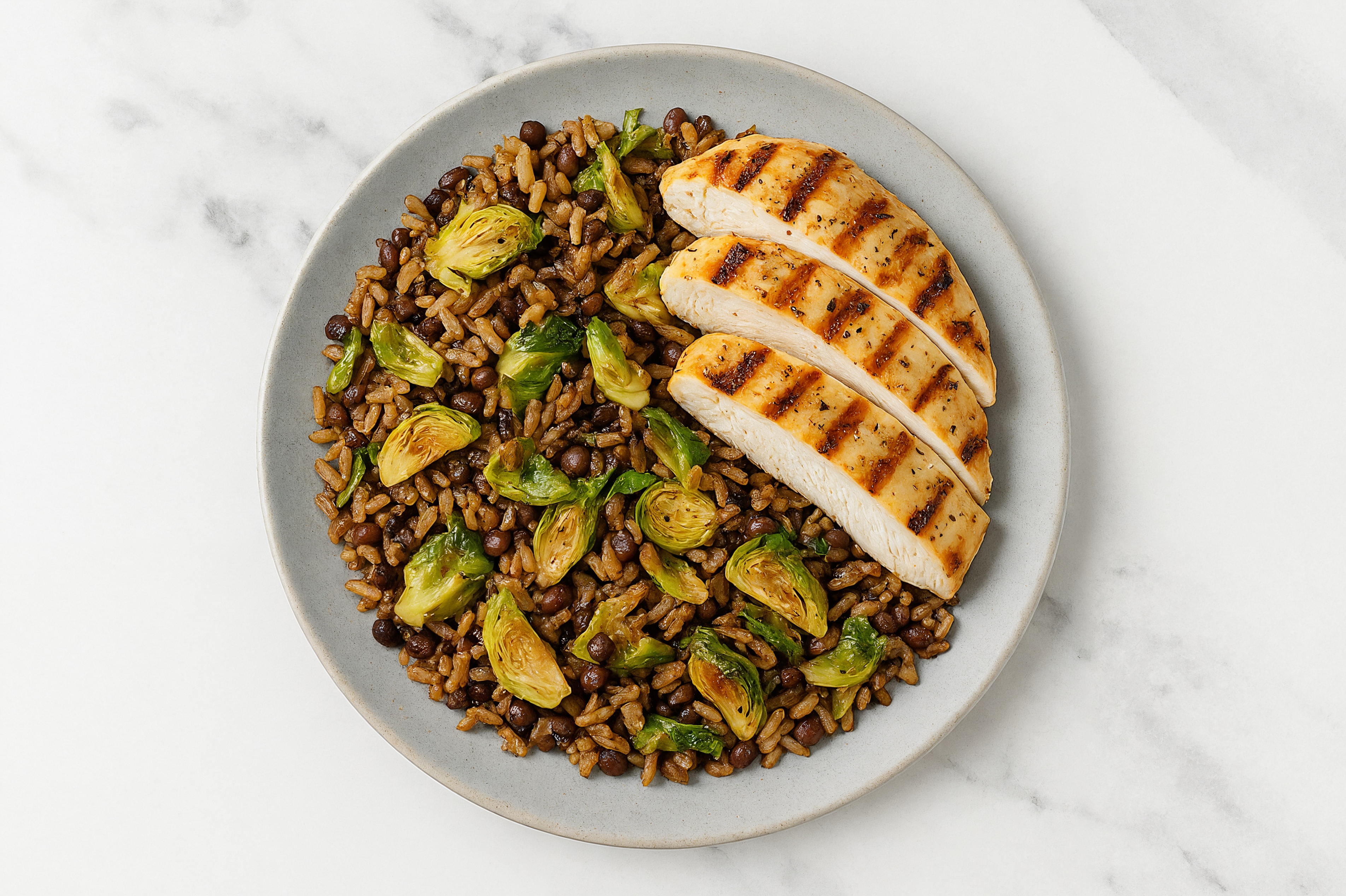 Garlicky Grilled Seasoned Chicken Breast + Brussels Protein Bowl