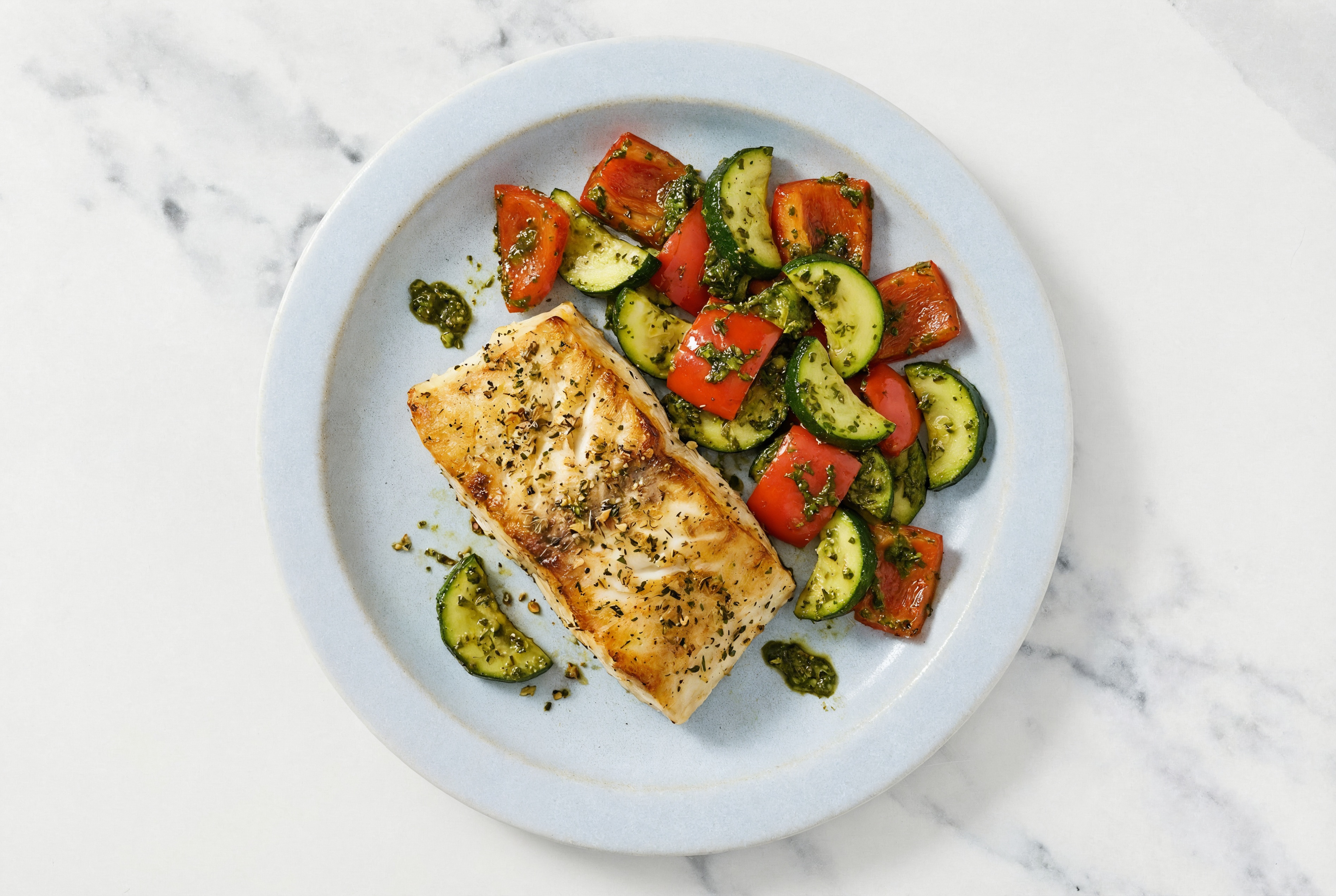 Garlic Herb Barramundi + Pesto Summer Veggies with Red Bell Pepper
