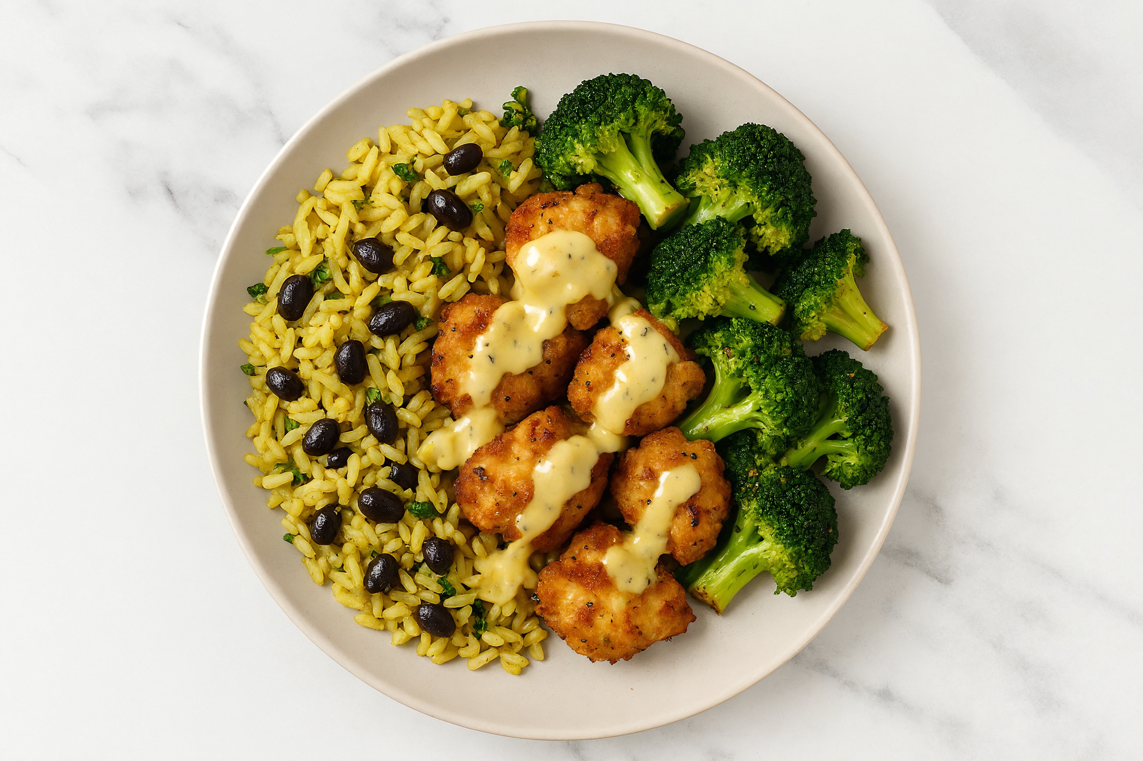 Crispy Chicken Caesar Rice with Beans Bowl with Broccoli Florets