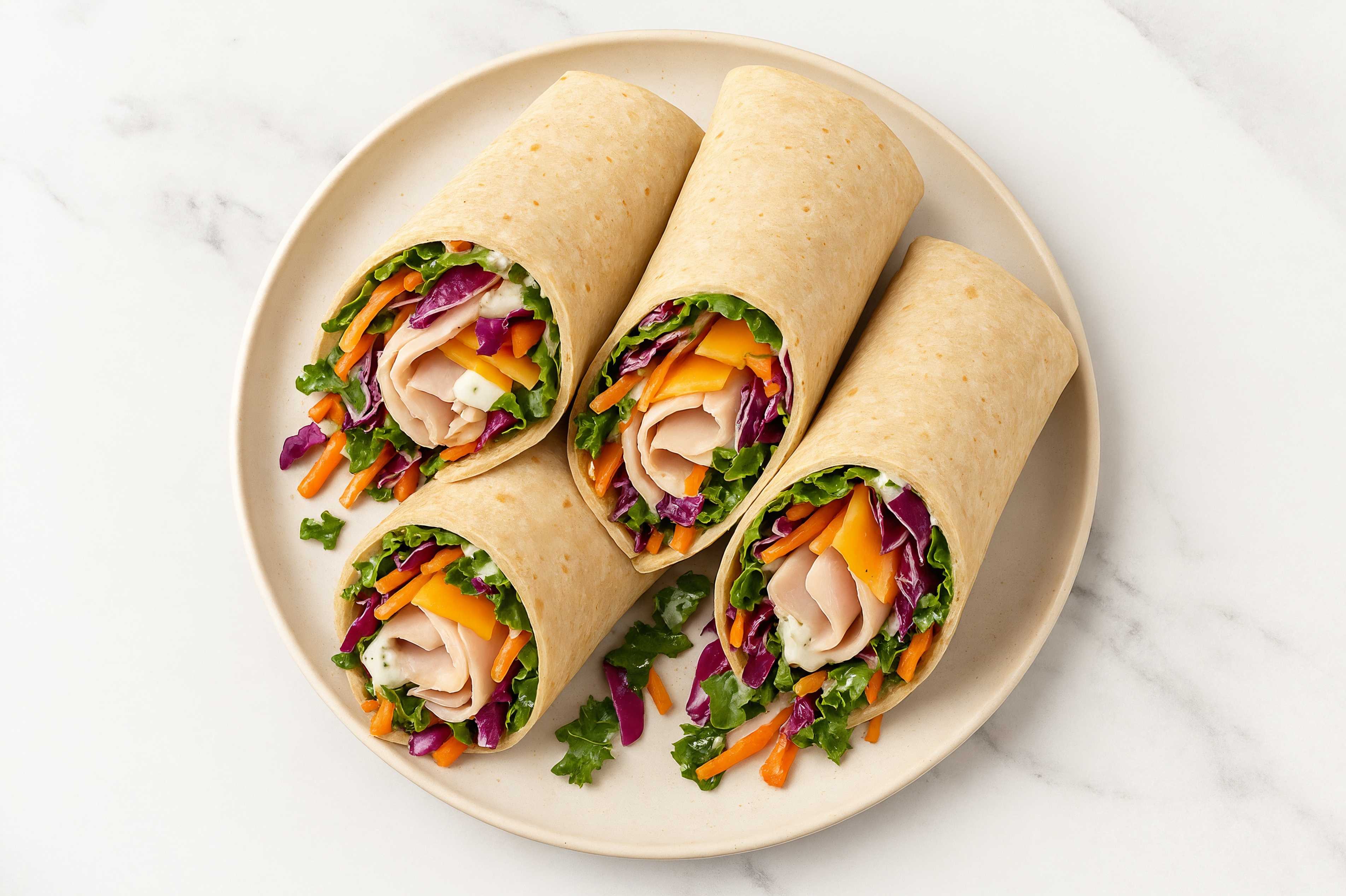 Tzatziki Oven Roasted Breast Turkey + Cheddar Tortilla Wraps with Rainbow Veggies