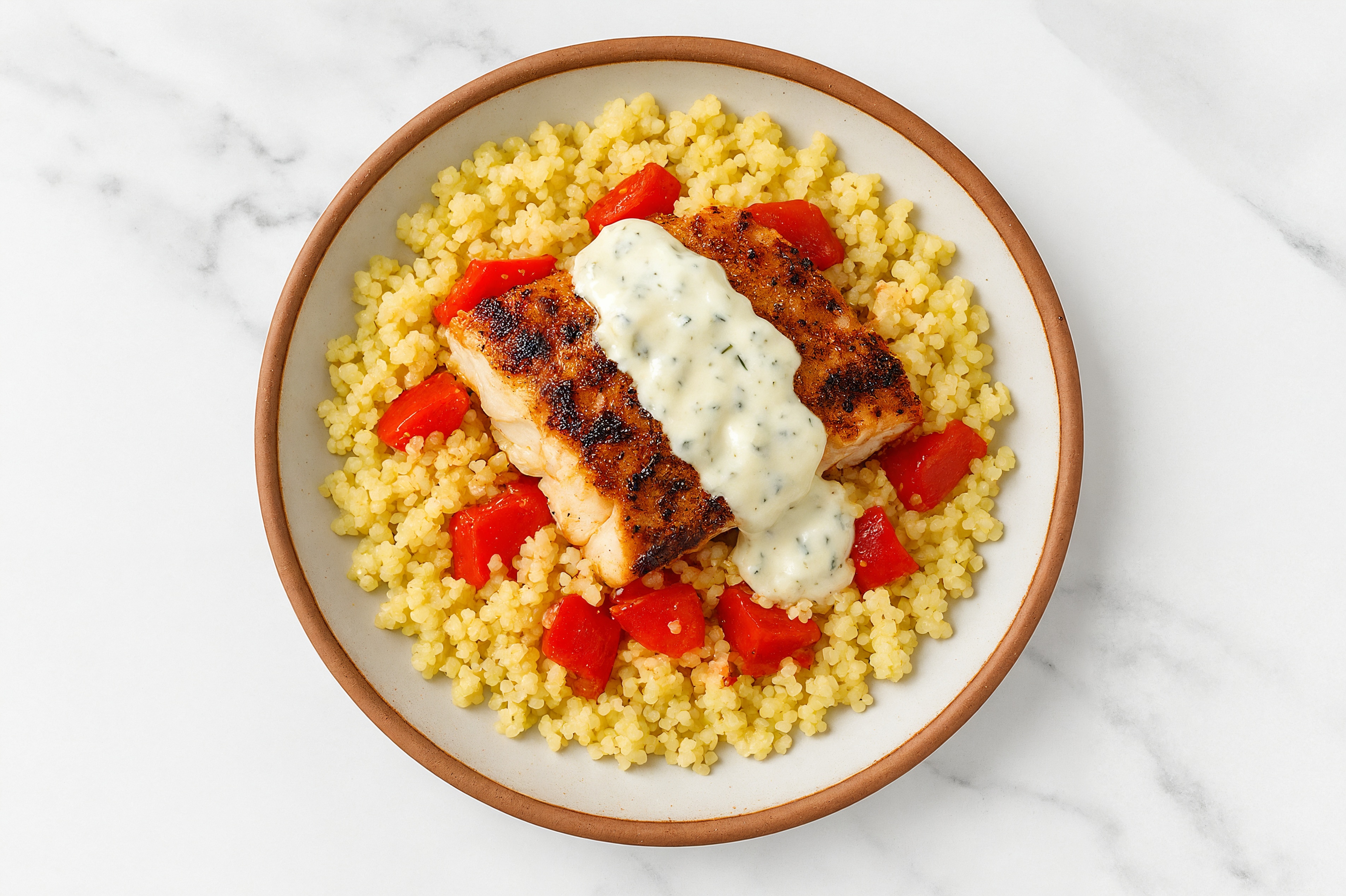  Halibut + Dairy-Free Tzatziki Couscous Grain Bowl
