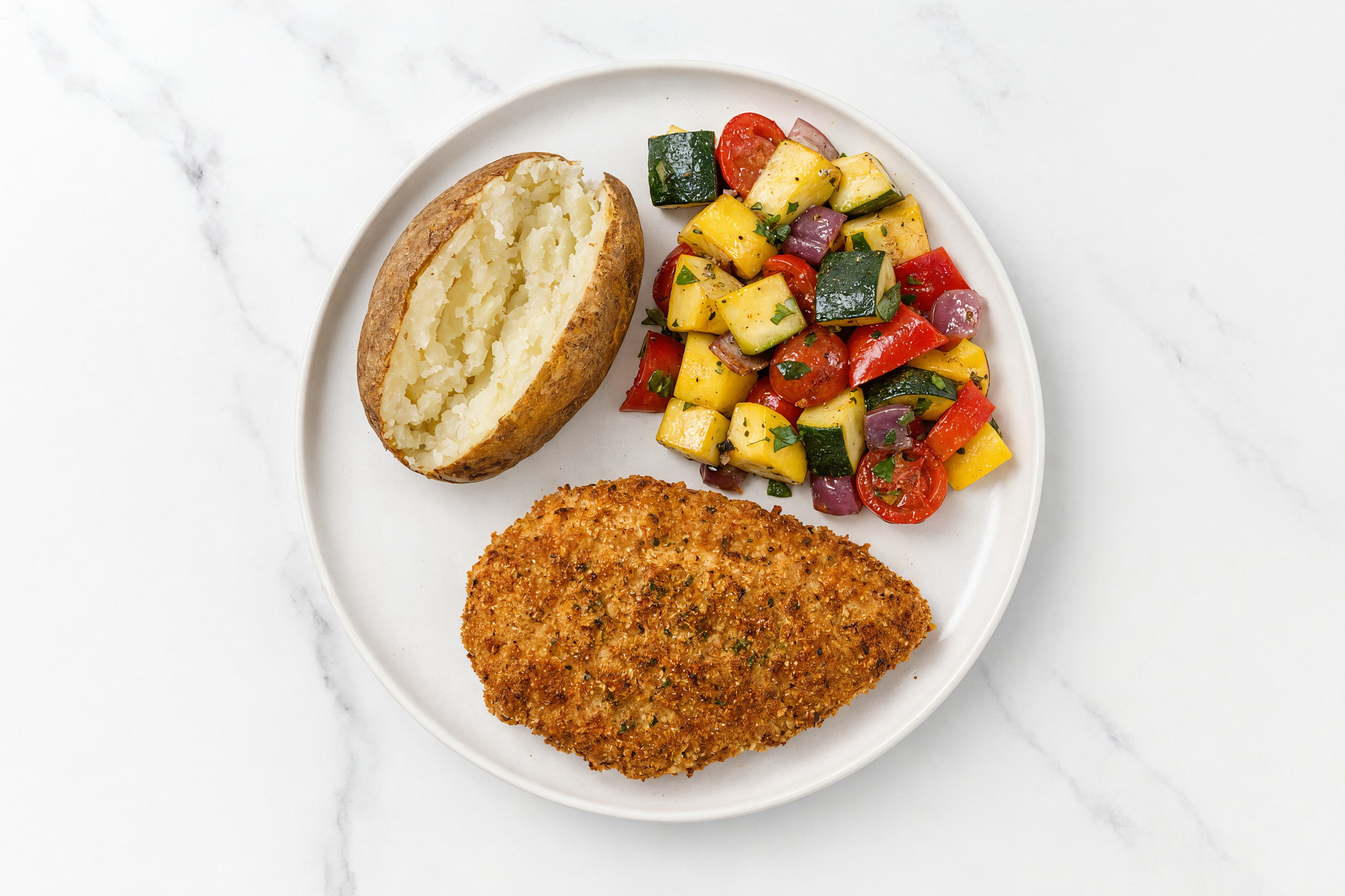 Parmesan Breaded Chicken Cutlet with Squash Skillet & Russet Potato