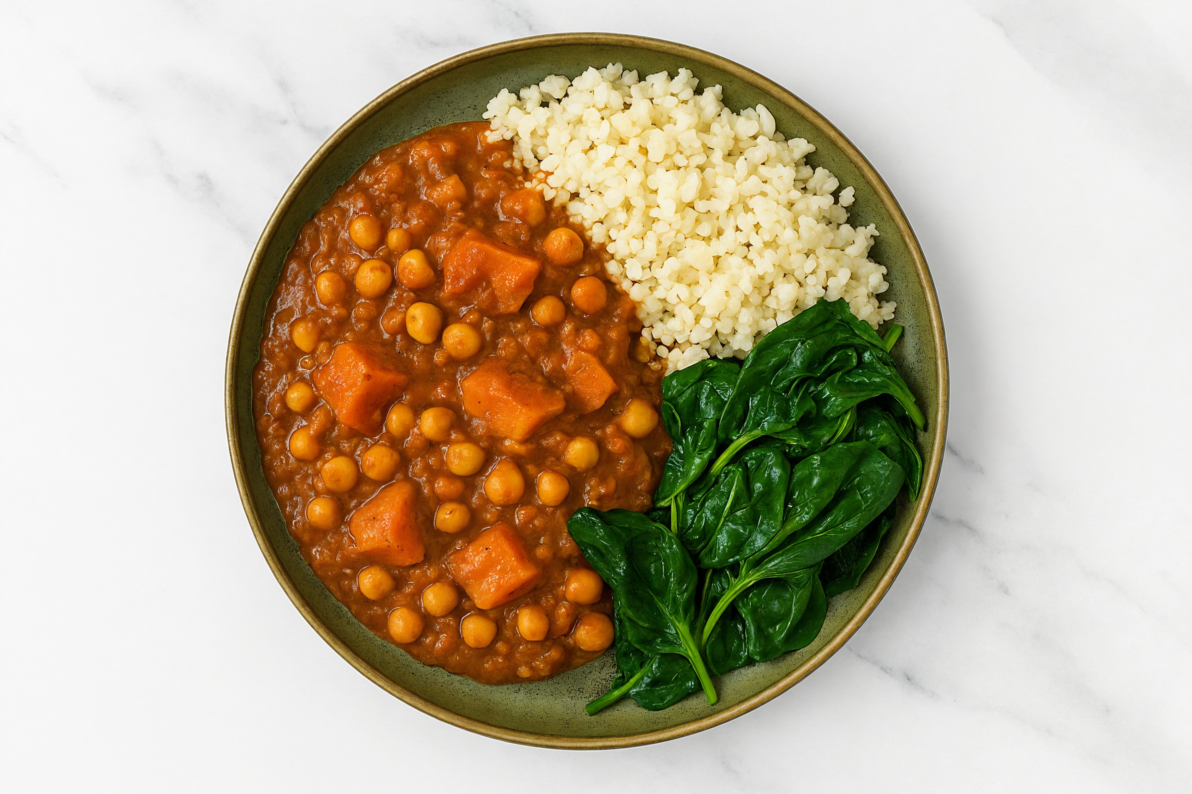 Sweet Potato Chickpea Vindaloo with Organic Spinach + Cauliflower Rice