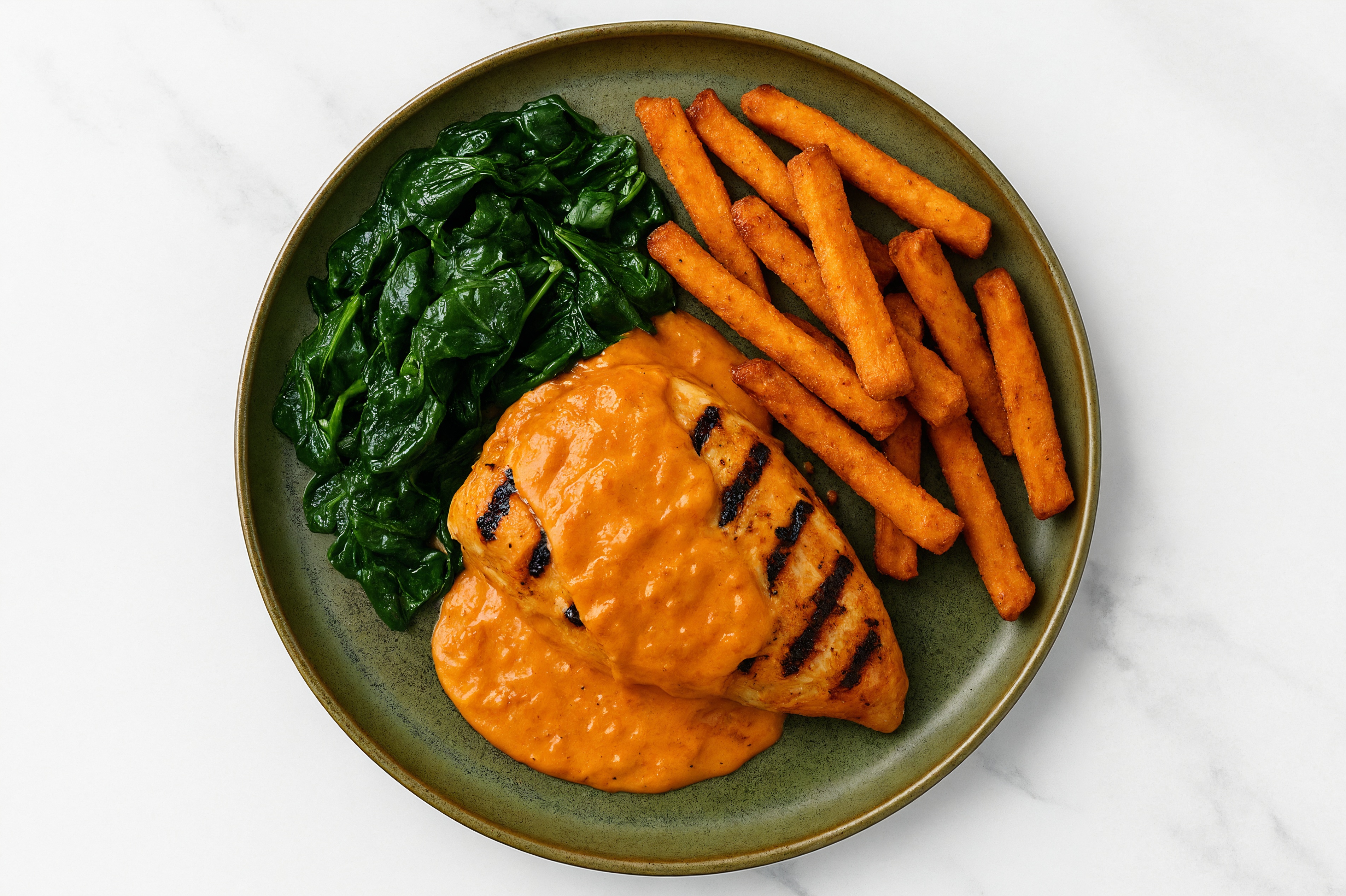 Creamy Vodka Seasoned Grilled Chicken Breast with Spinach + Fries