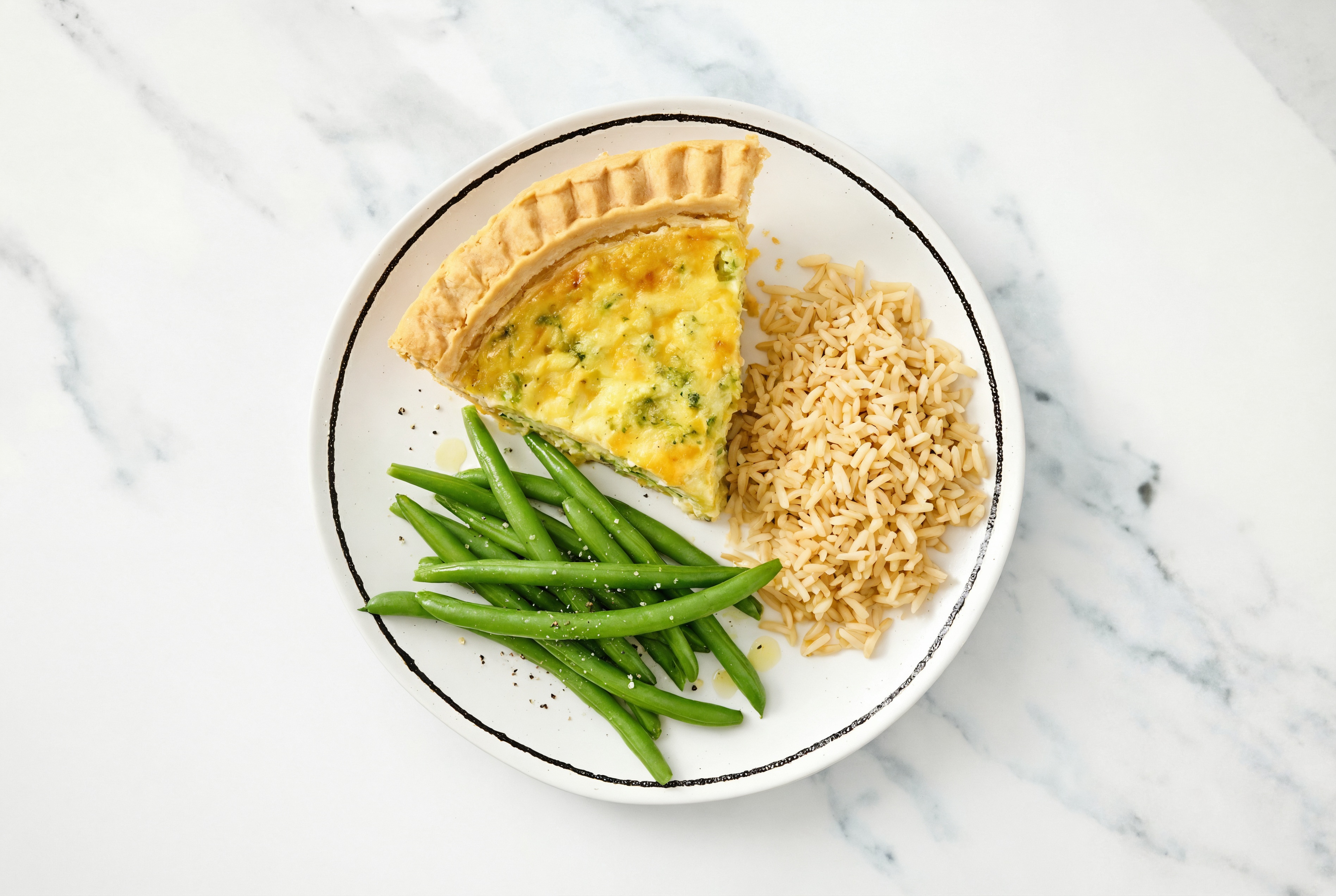 Broccoli & Cheddar Quiche with Green Beans & Bone Broth Rice