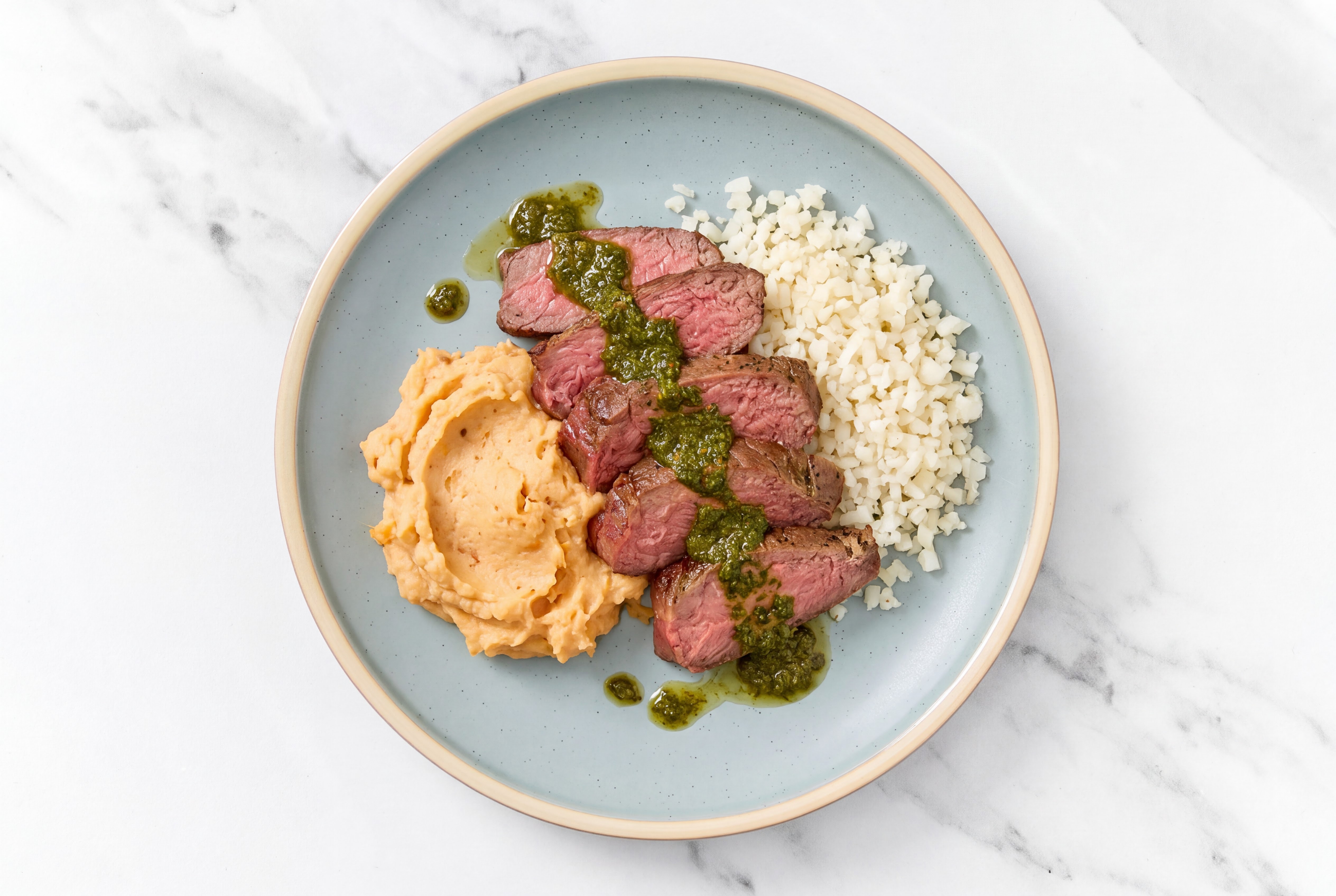 Zhoug Sirloin with Cauliflower Rice + Japanese Sweet Potato