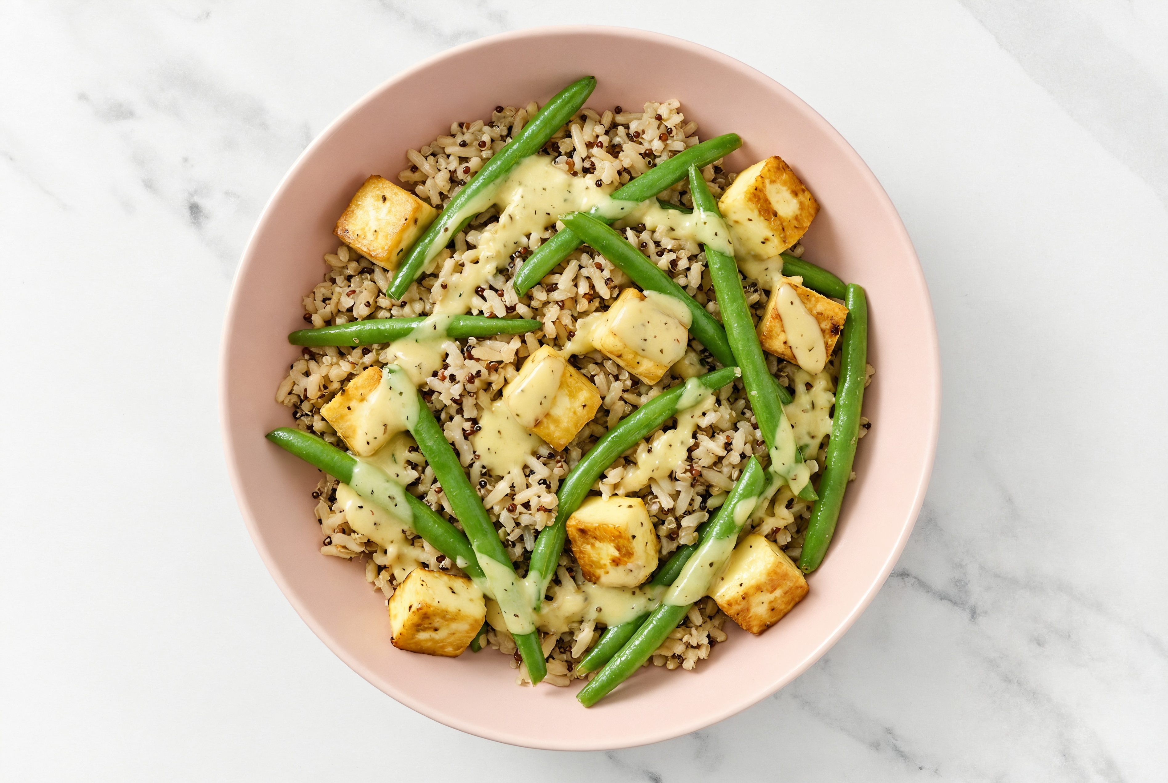 Soft & Creamy Paneer, Organic Green Beans over Brown Rice with Honey Mustard Garlic Sauce