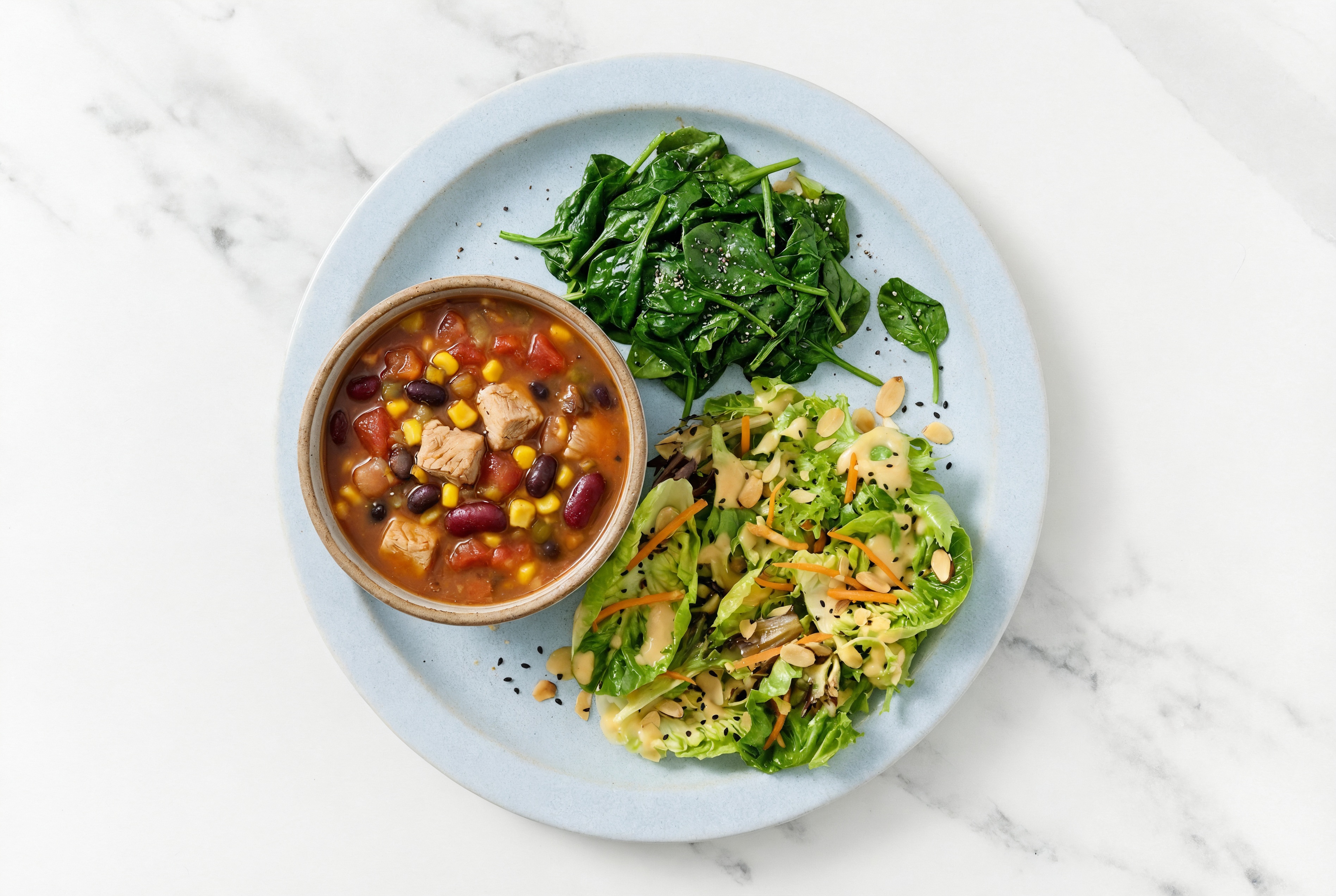 Southwest Turkey Soup with Baby Spinach + Little Gem Salad