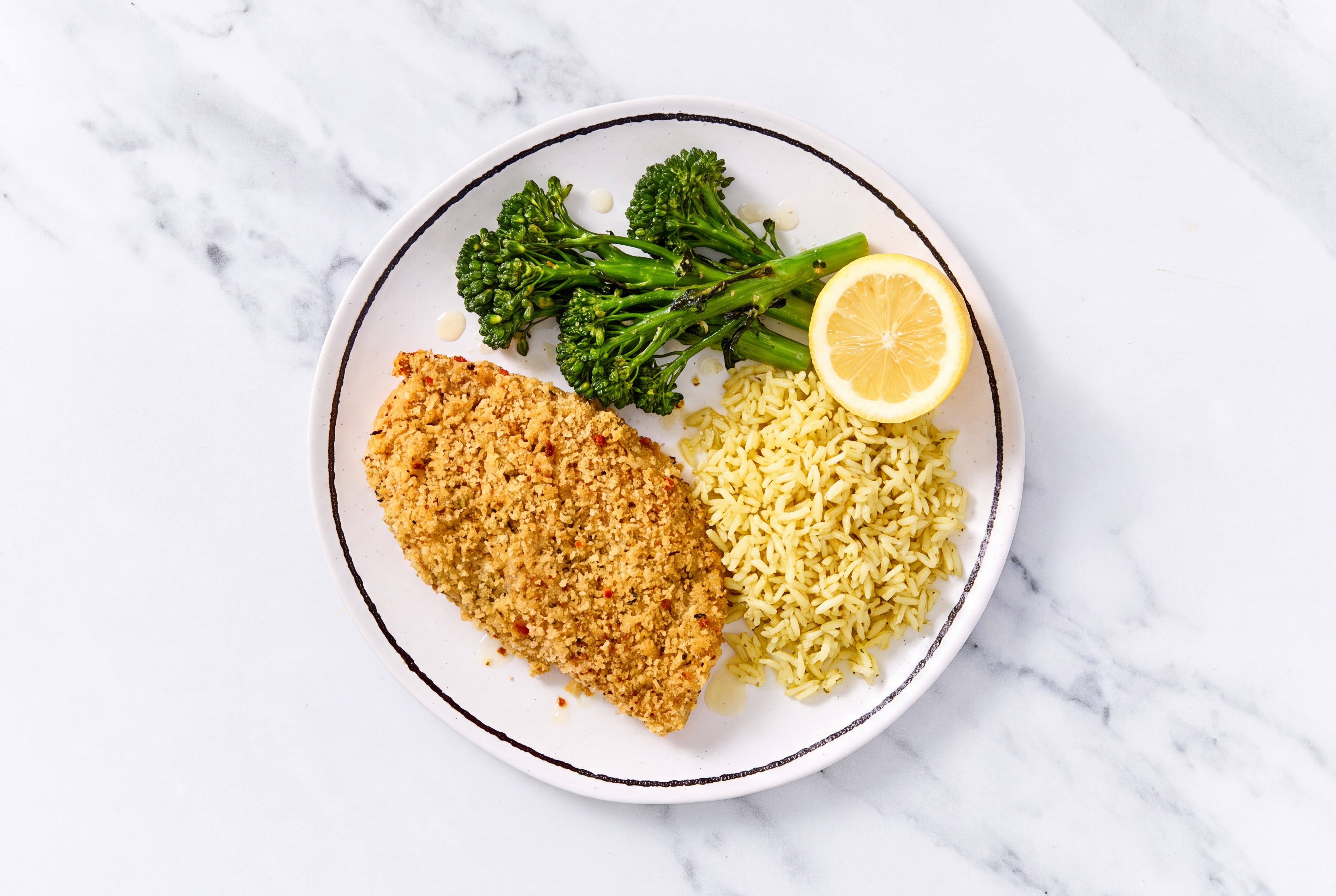 Lemon Parmesan Breaded Chicken Cutlet with Baby Broccoli & Jasmine Rice