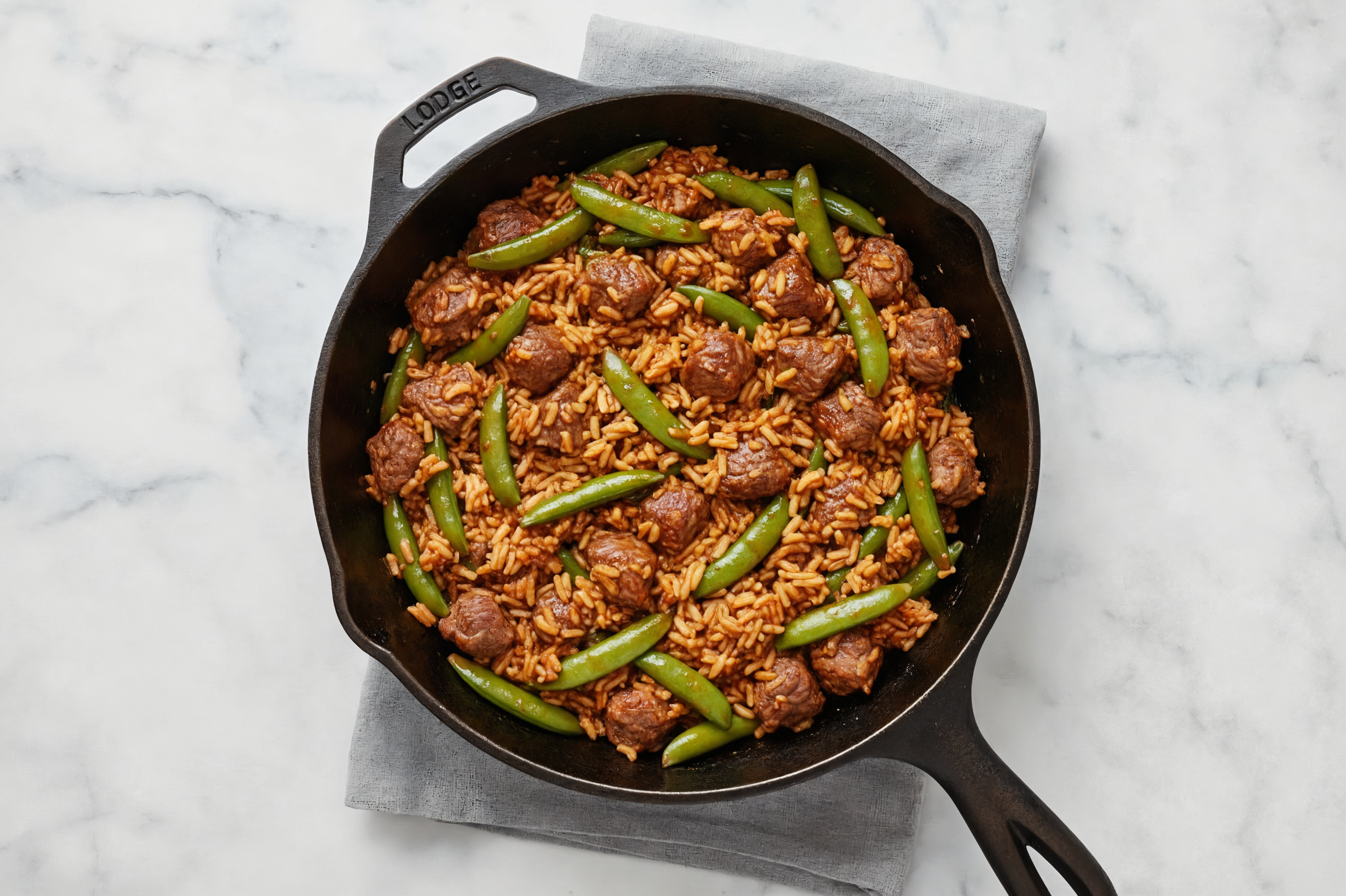 Sesame Ginger Pea Snap + Lamb Stir-Fry with Brown Rice