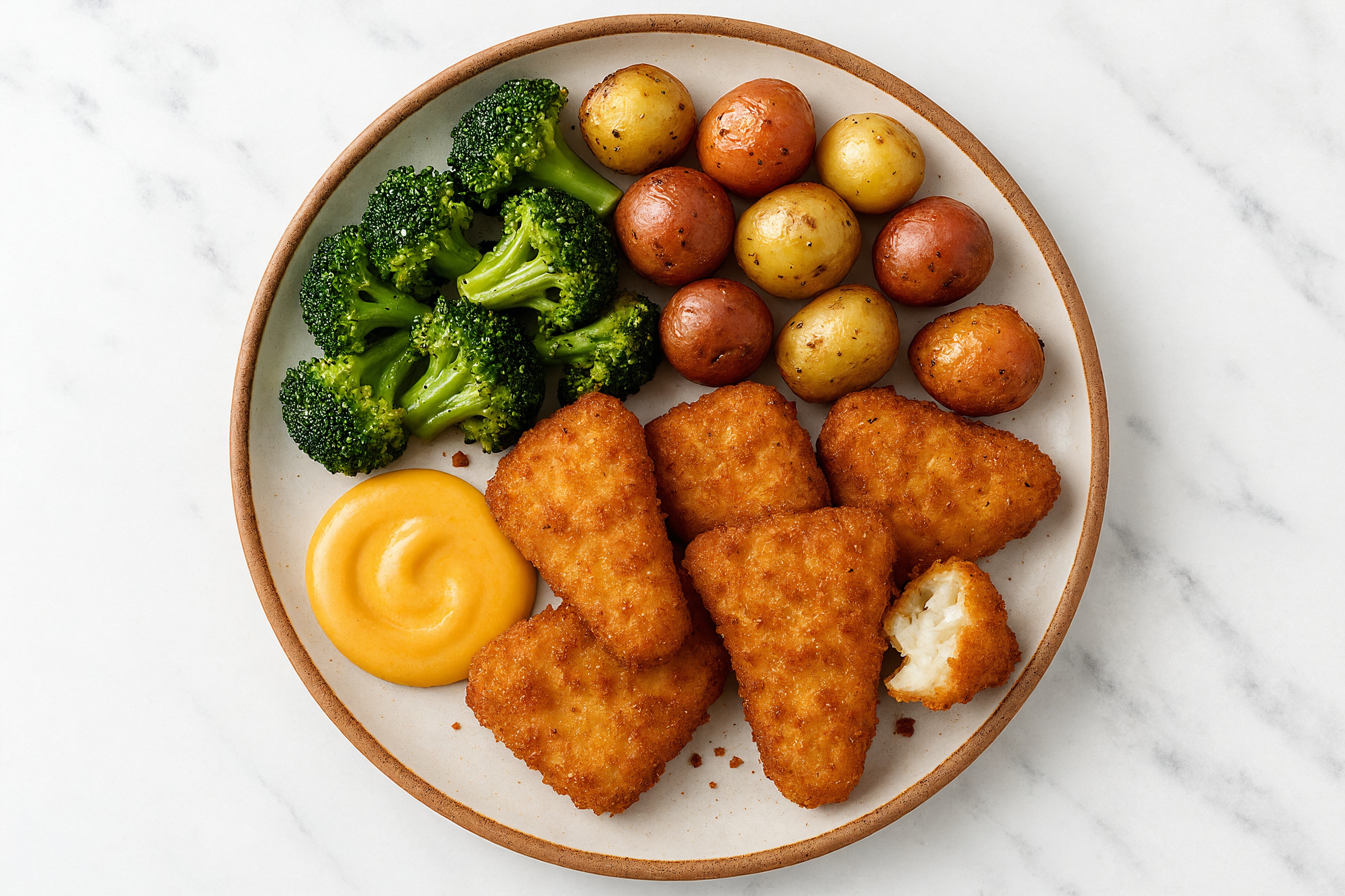Oven Fried Fish + Roasted Potatoes with Broccoli Florets
