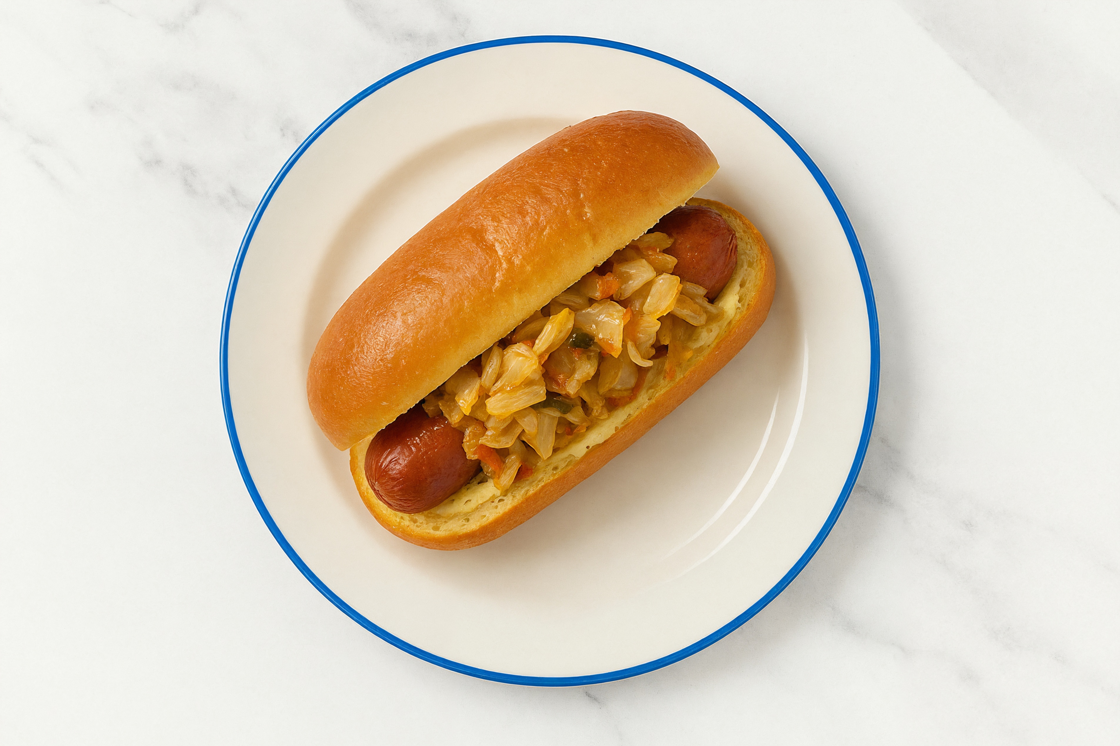 Kimchi Beef Hot Dog with Honey Musard Garlic Sauce on Brioche