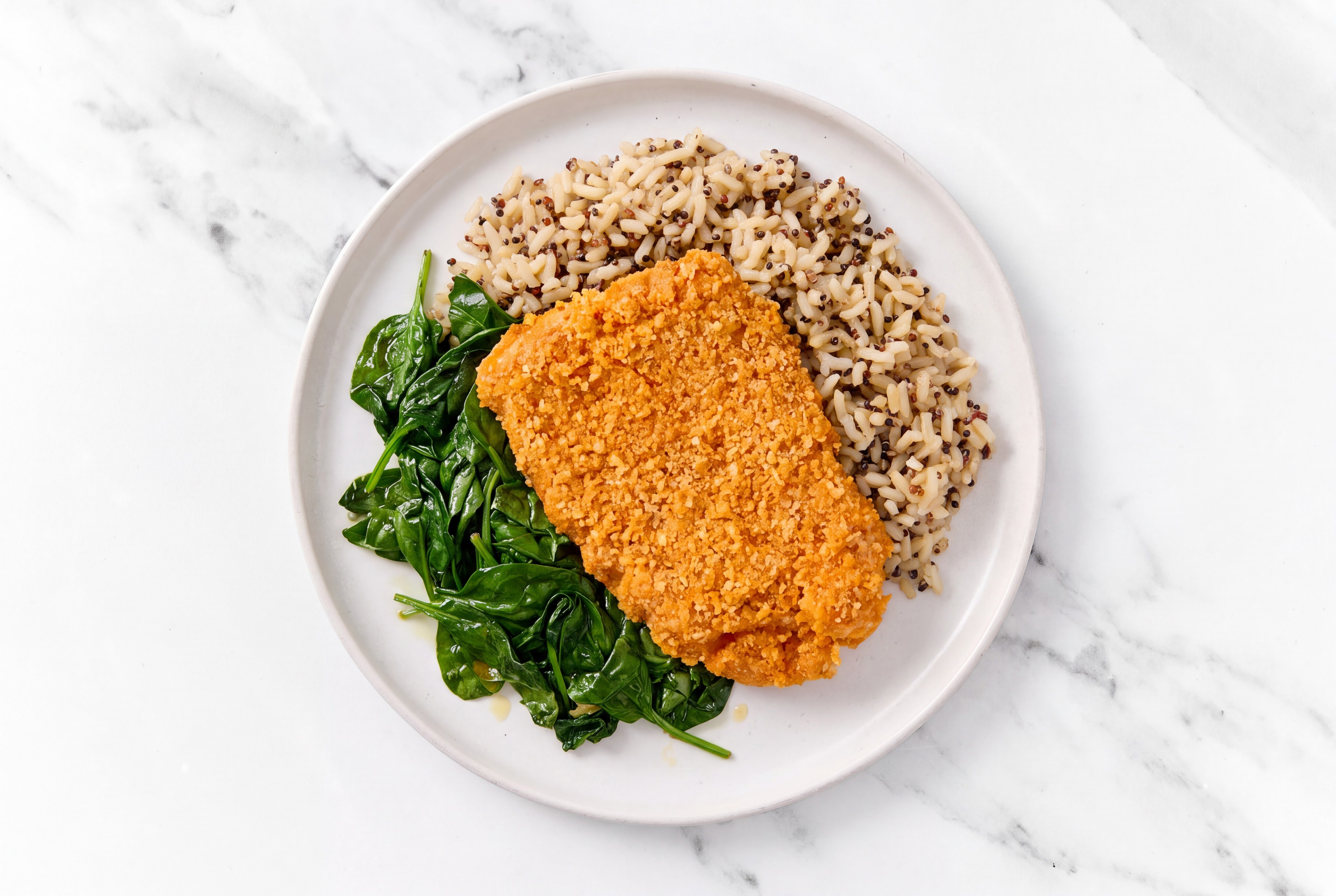 Hot Honey Breaded Chicken Cutlet with Baby Spinach & Brown Rice