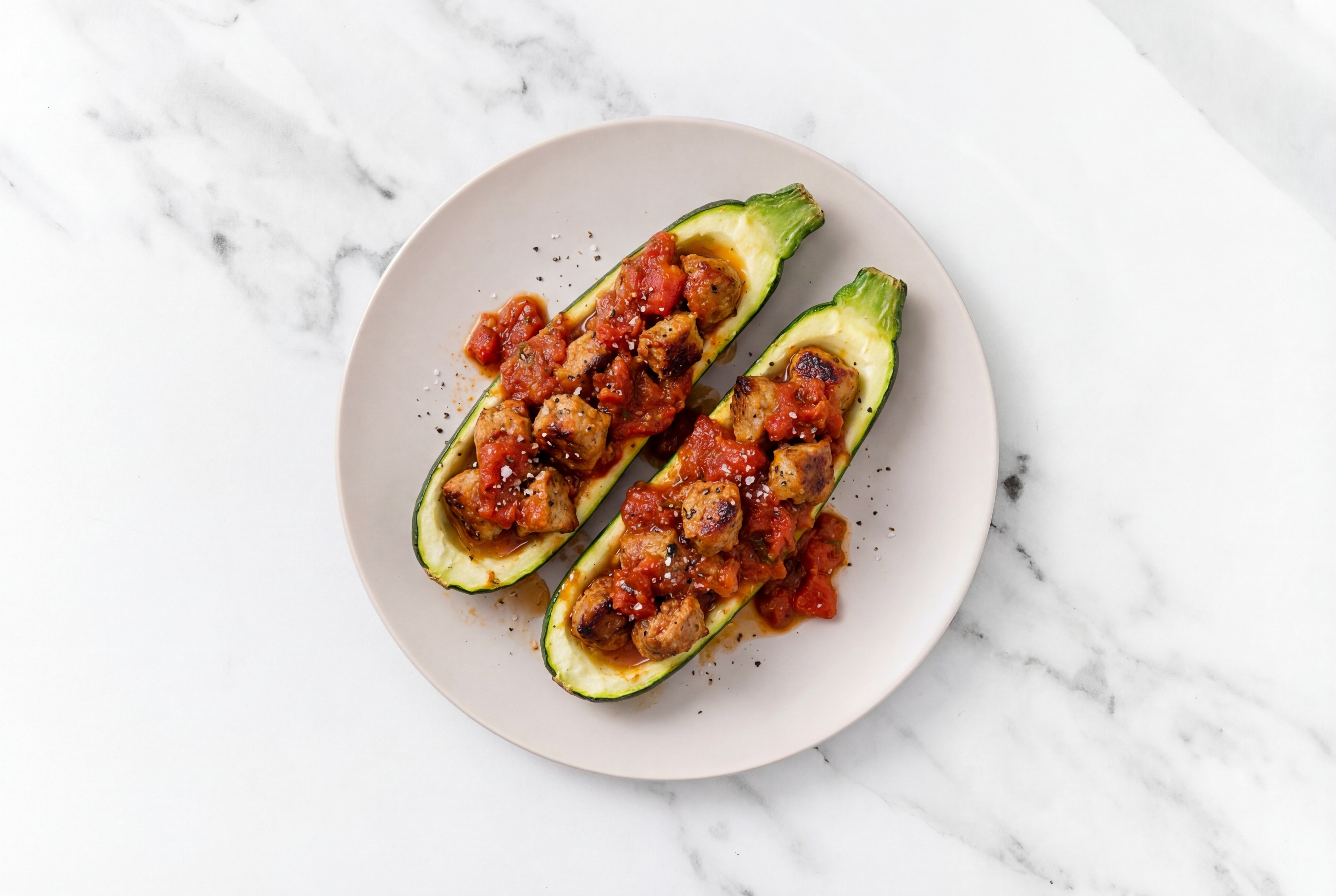 Herby Hot Italian Turkey Sausage Marinara Zucchini Boats