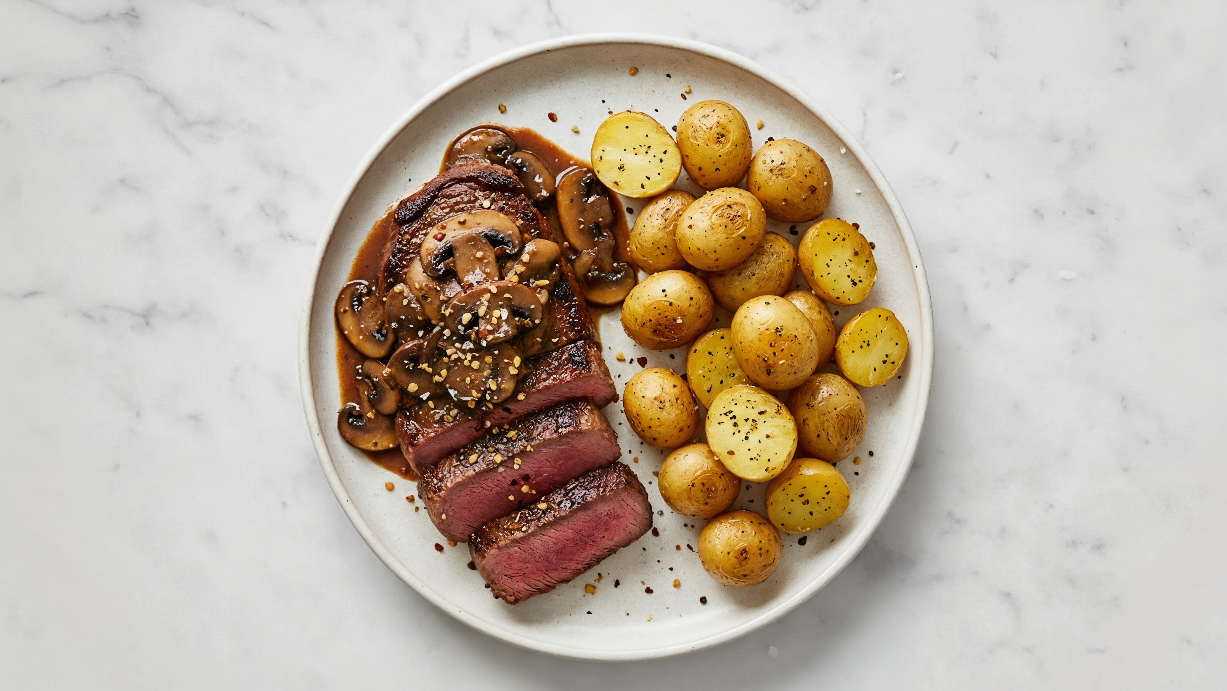 Herby Pepper Garlic Wagyu Strip Steak n' Taters with Mushroom Pan Sauce