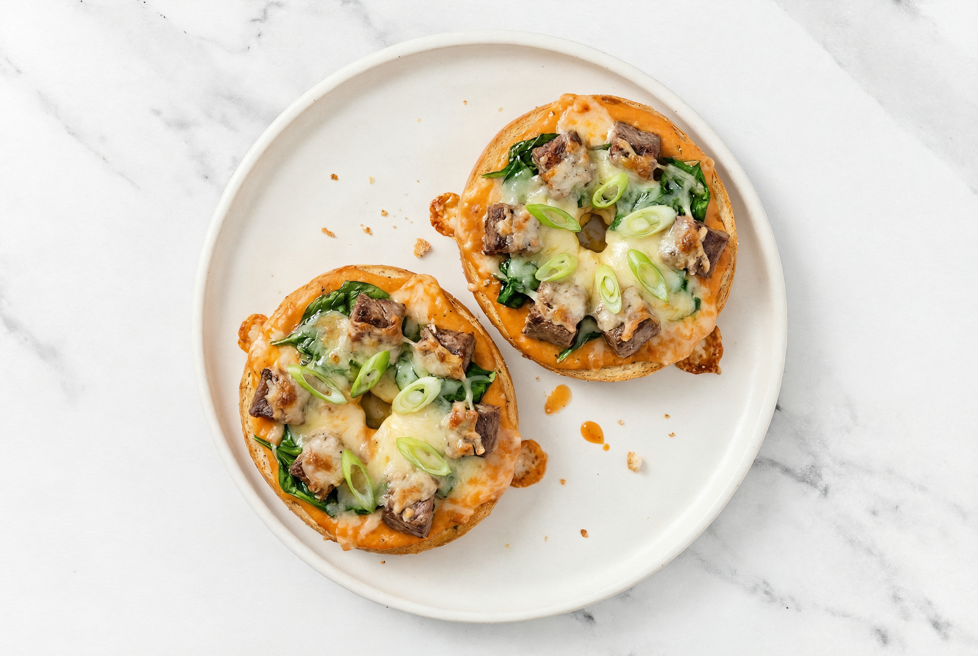 Creamy Sirloin + Spinach Pizza Gluten-Free Plain Bagels with Scallions