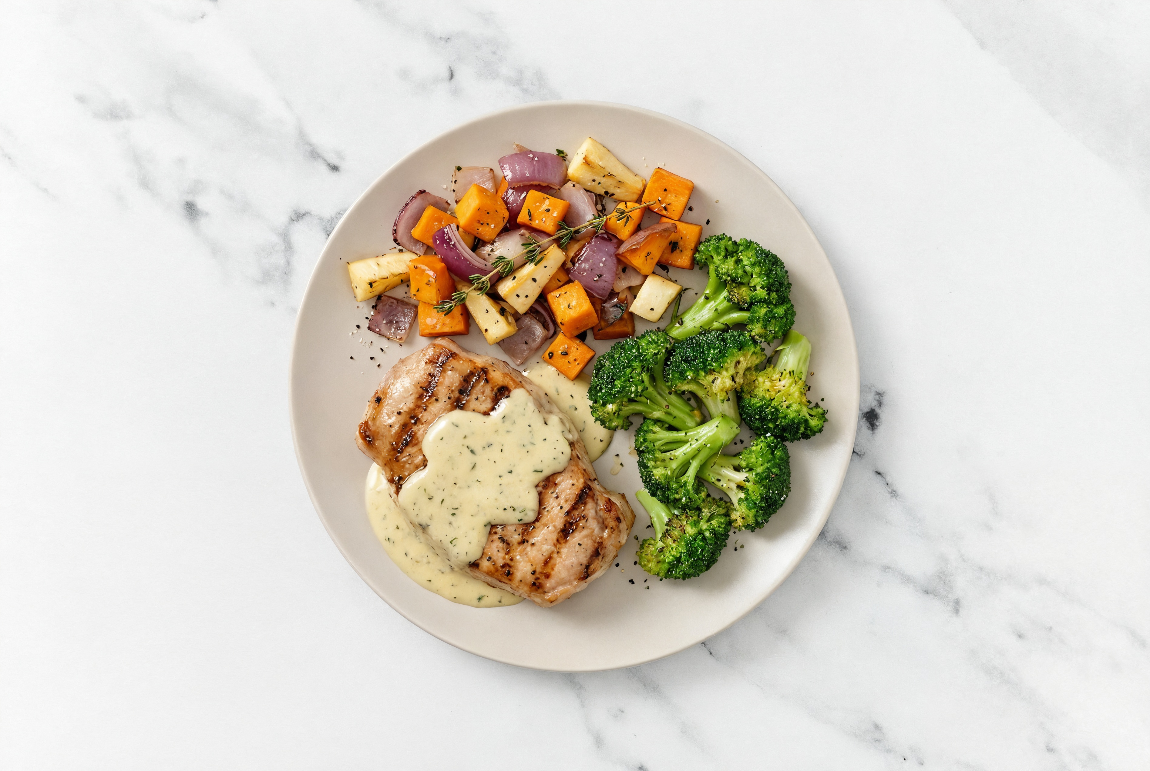 Creamy Herb Smothered Pork Chops with Broccoli & Roasted Vegetables