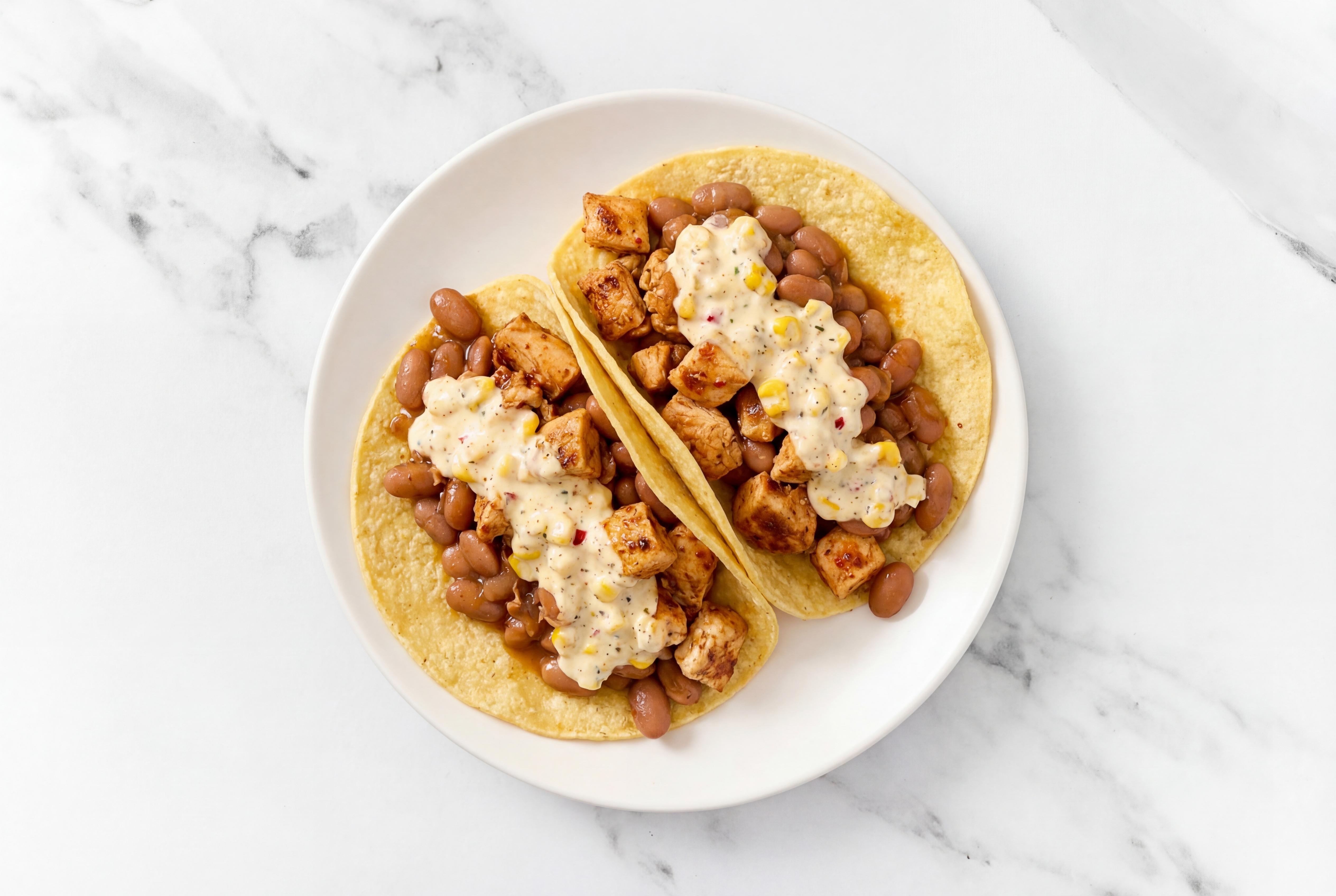 Chipotle Chicken Tacos with Street Corn + Wheat Tortillas Sauce & Pinto Beans
