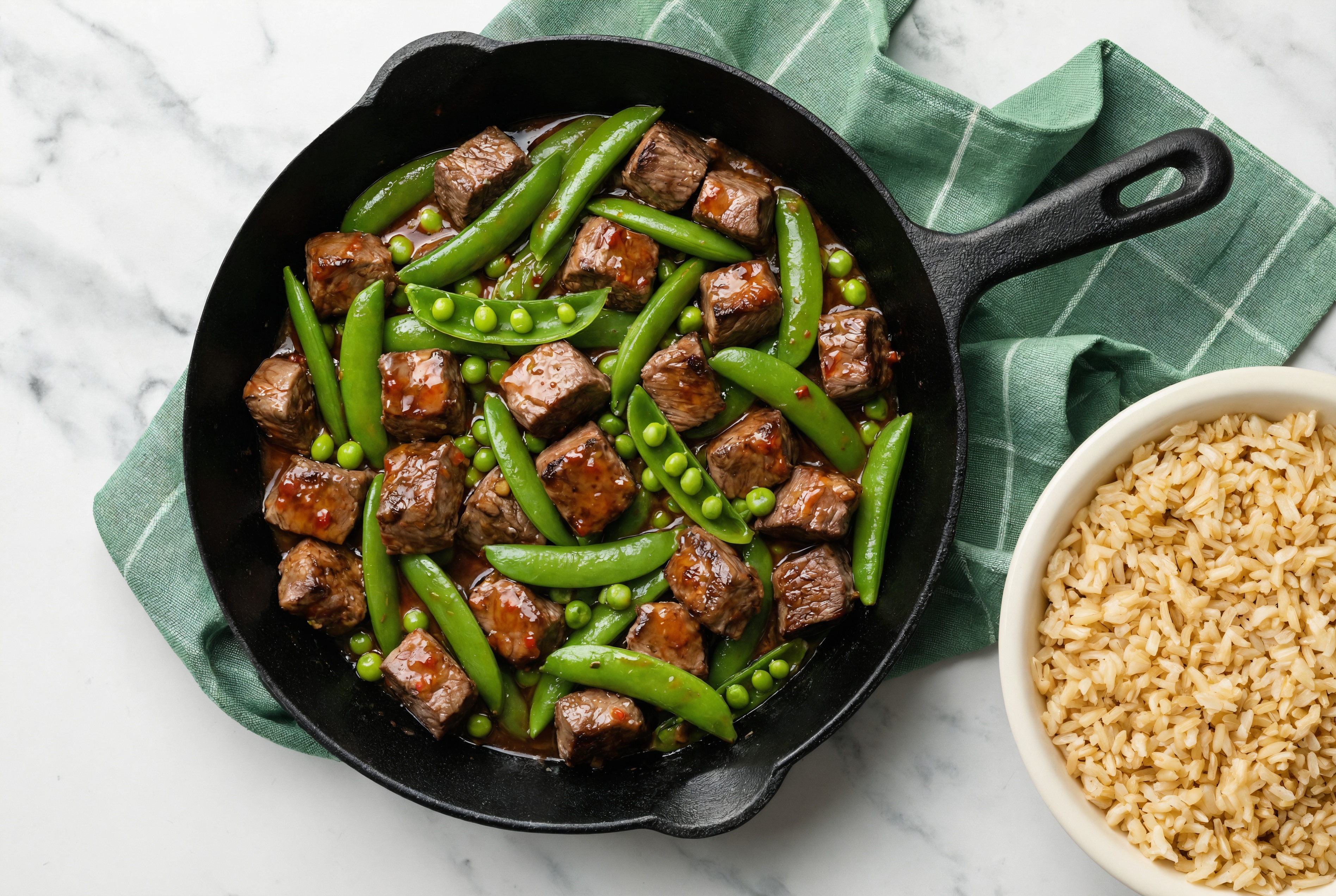 Sweet Chili Beef Filet Stir-Fry with Snap Peas over Brown Rice