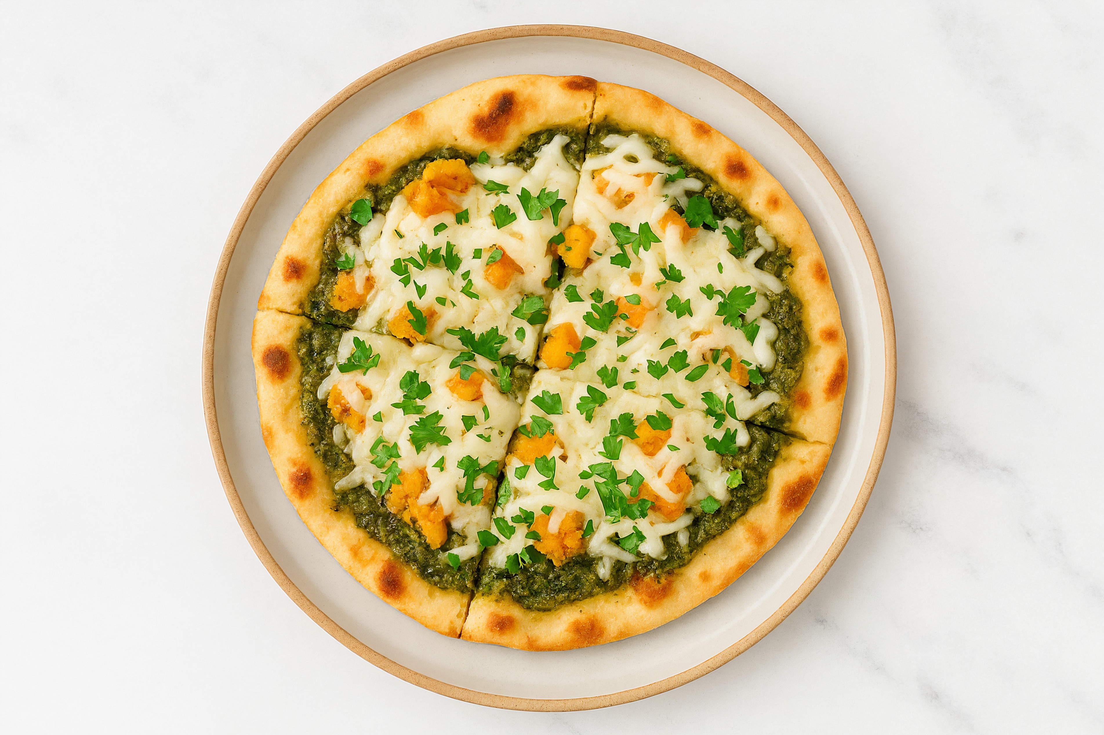 Pesto Sweet Potato Naan Pizza with "Mozzarella" + Fresh Parsley