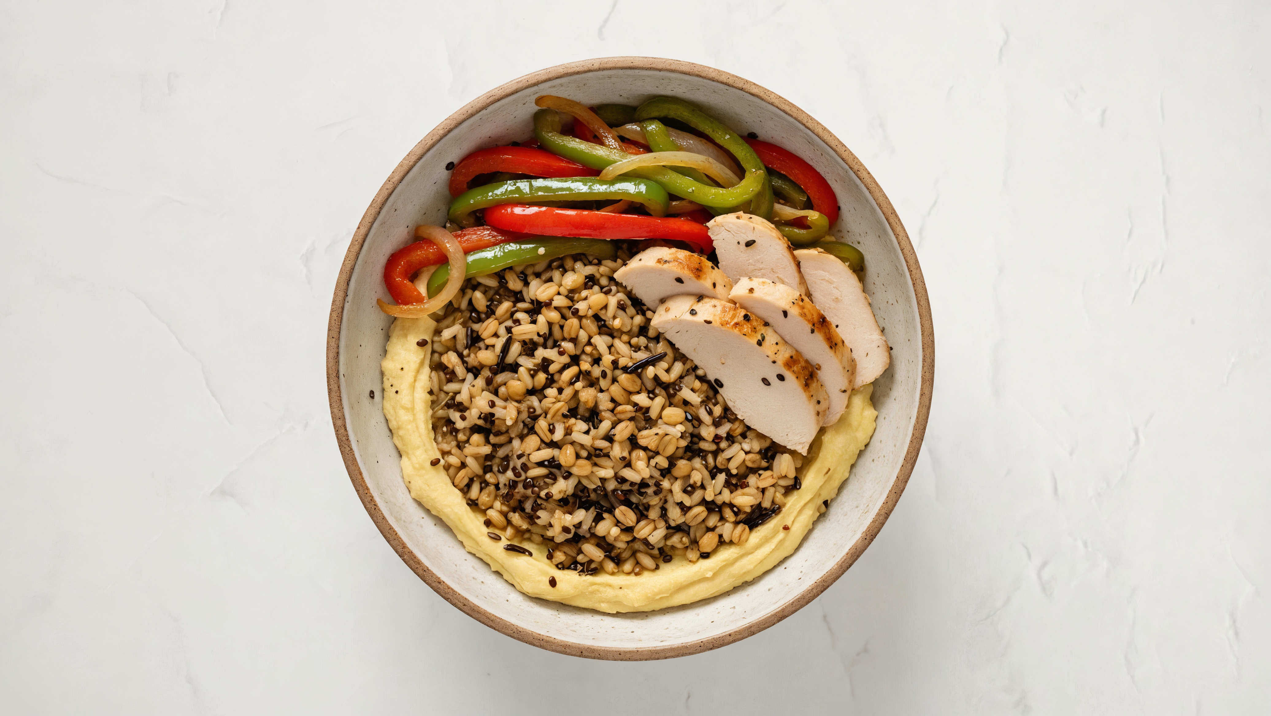 Turkey Tenderloin & Veggie Grain Bowl with Lemon Garlic Hummus