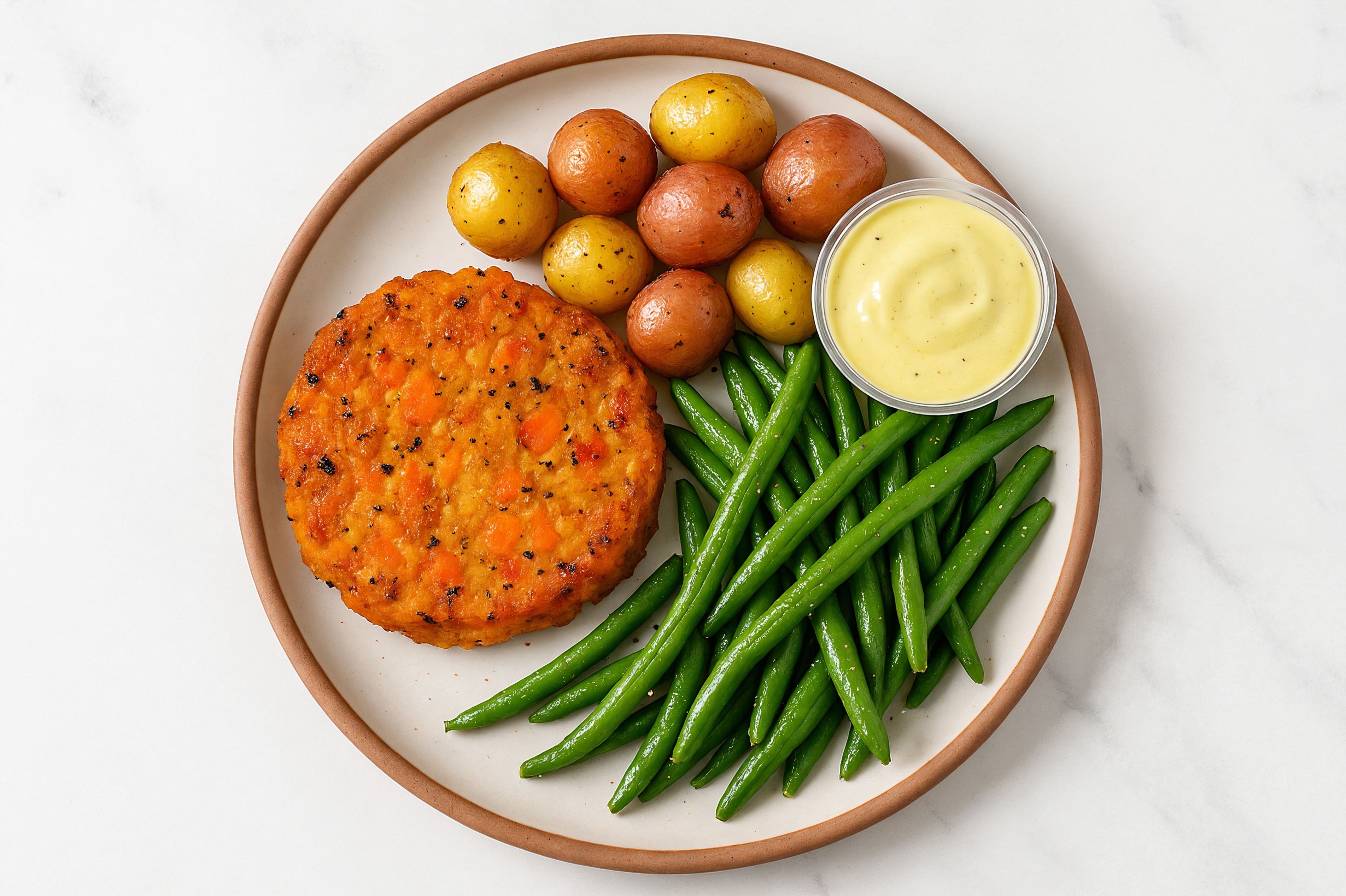Veggie Sweet Potato Burger Patties Plate with Organic Green Beans, Creamer Potatoes + a Dollop of Honey Mustard Garlic Sauce