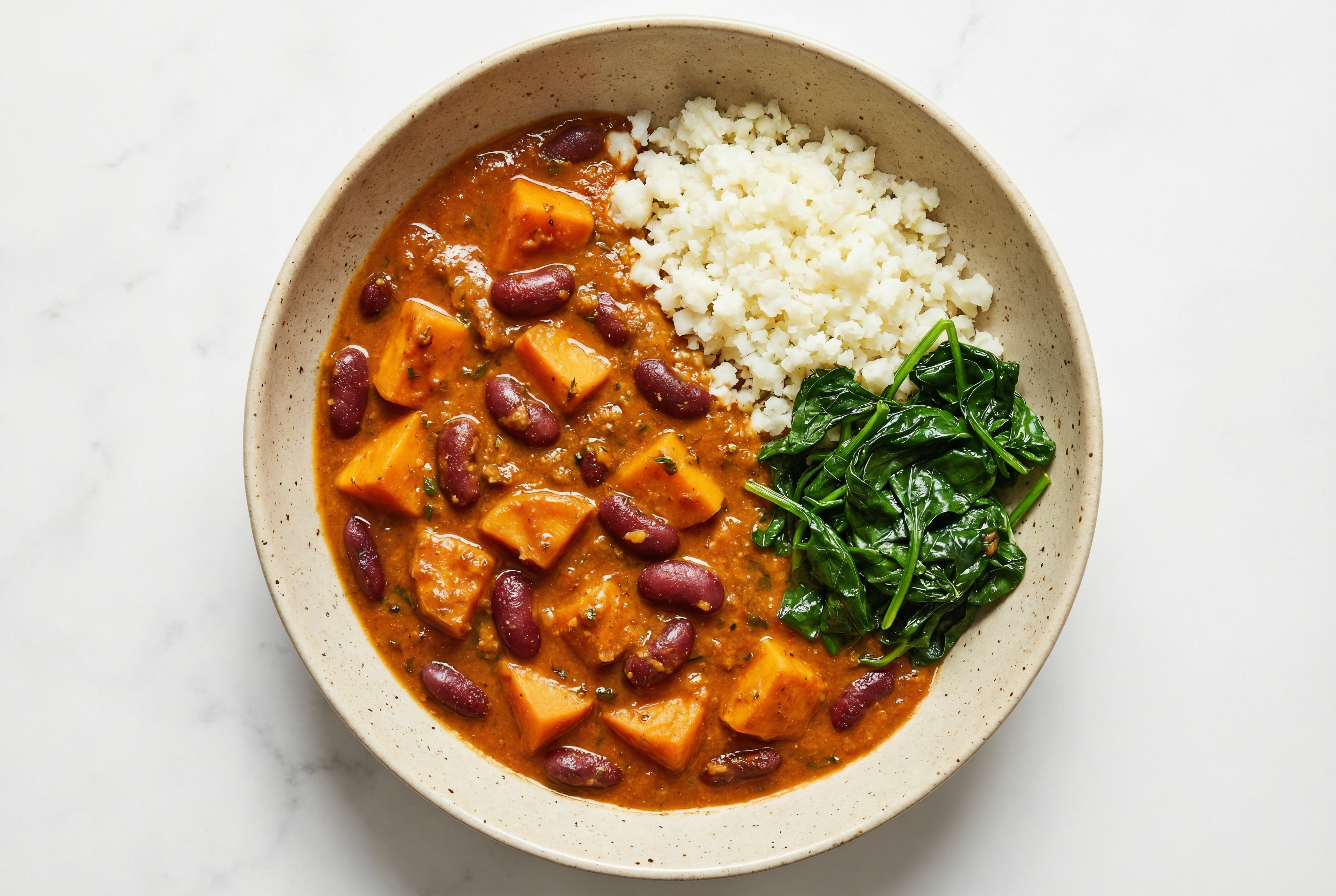 Sweet Potato Kidney Beans Tikka with Organic Spinach + Cauliflower Rice