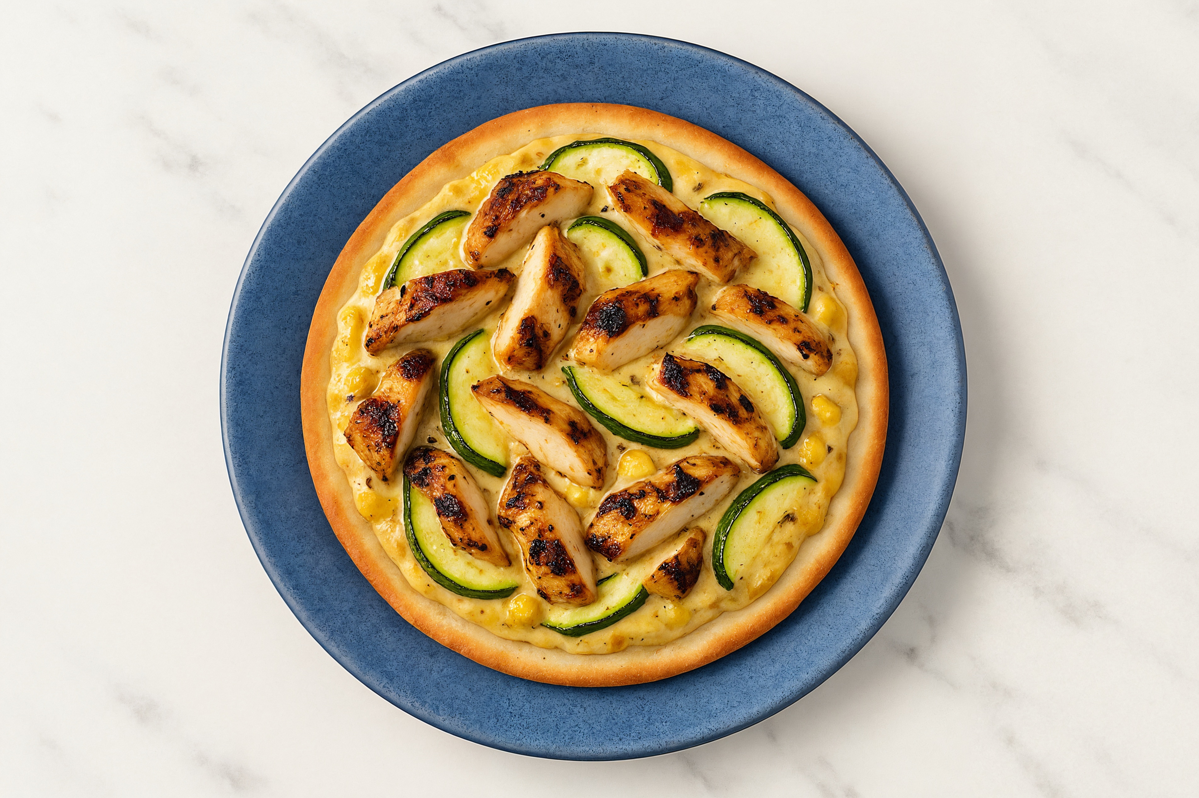 Zucchini + Grilled Mediterranean Chicken Breast Pizza with Mexican Street Corn on Gluten Free Pizza