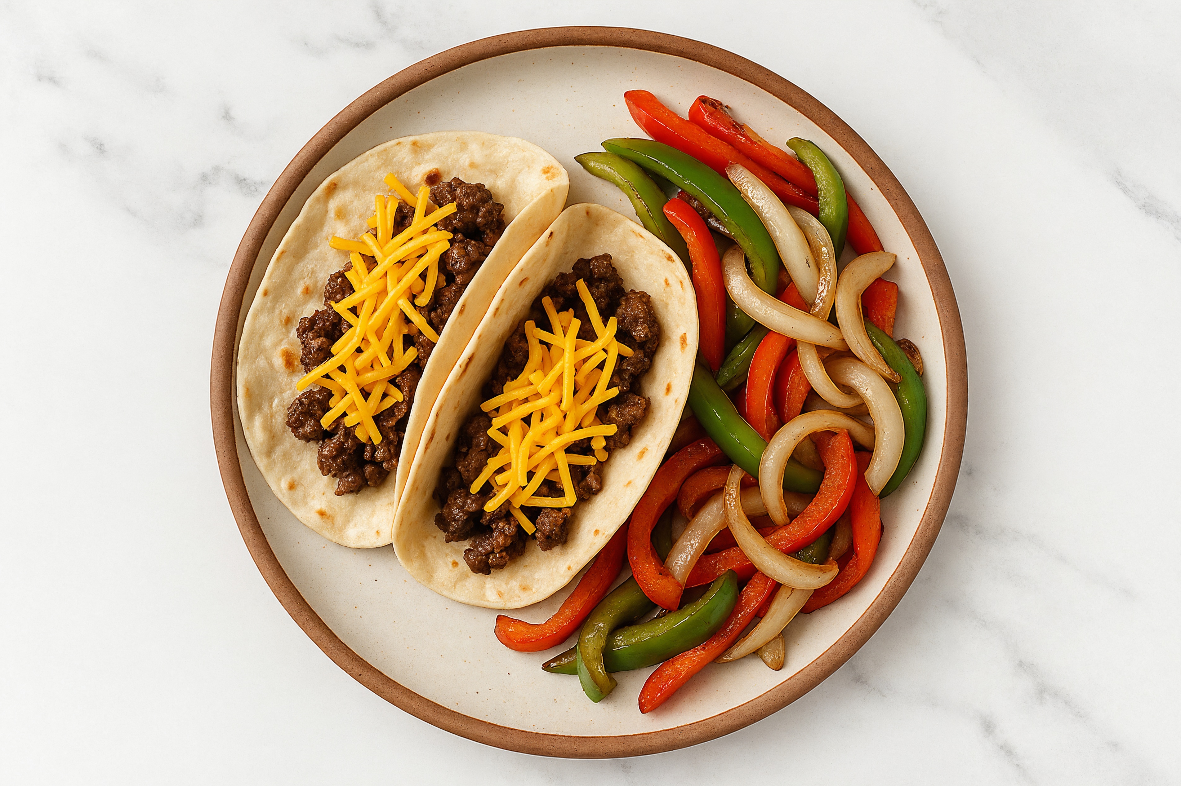 Cheesy Ground Wagyu Beef Tacos on Flour Tortillas with Shredded Sharp Cheddar Cheese
