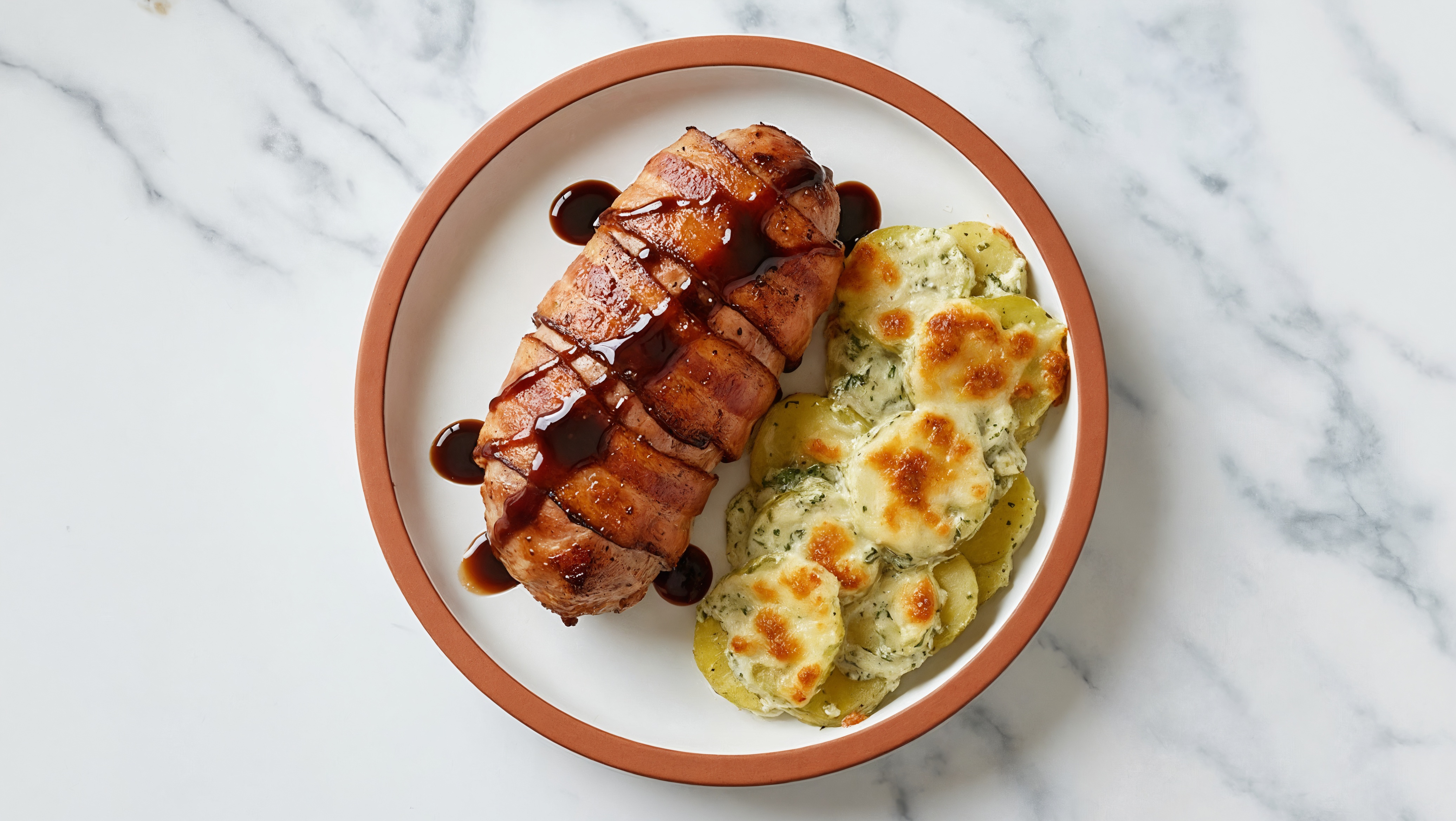 Applewood Smoked Bacon Wrapped Pork Loin + Scalloped Potatoes