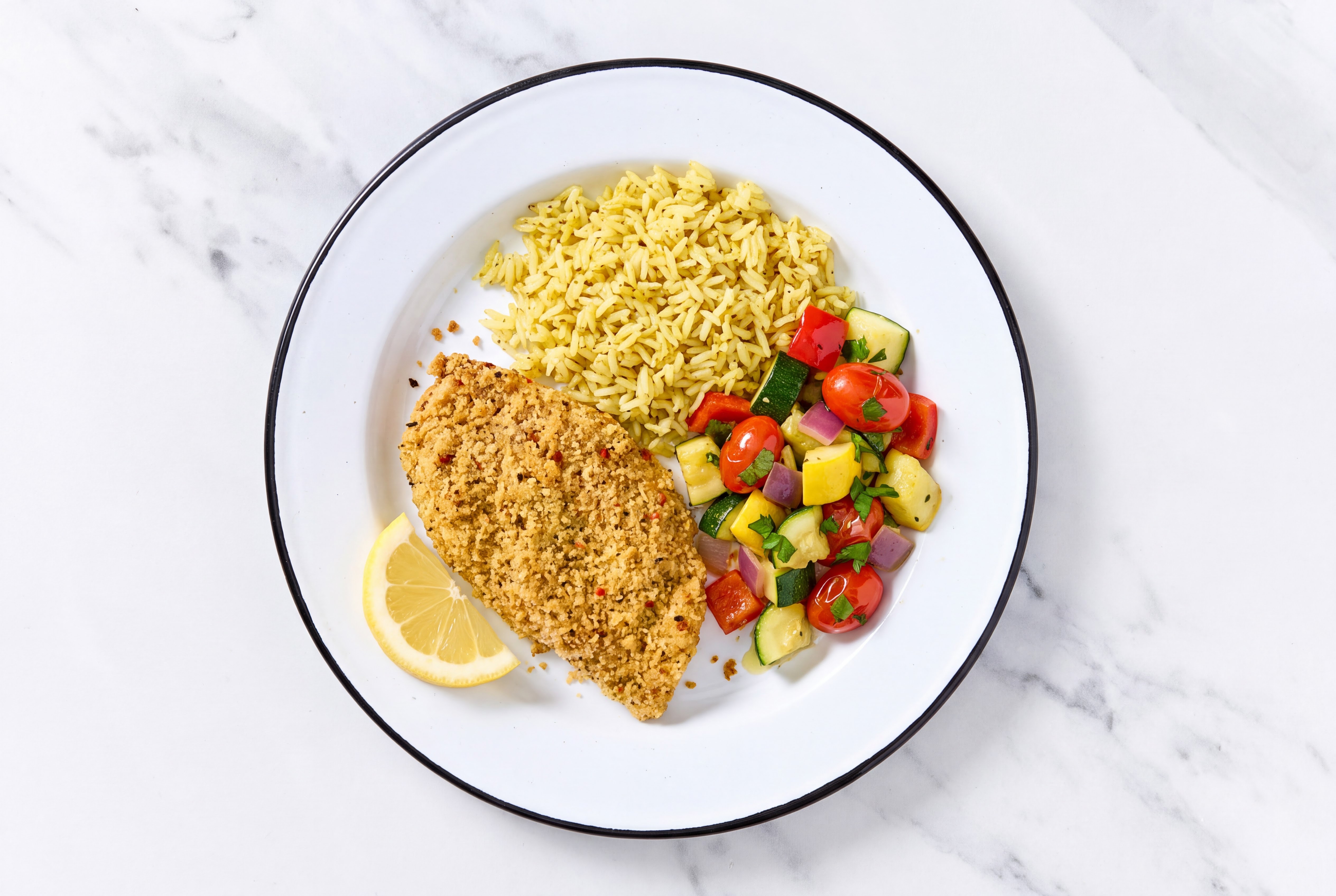 Lemon Parmesan Breaded Chicken Cutlet with Squash Skillet & Jasmine Rice