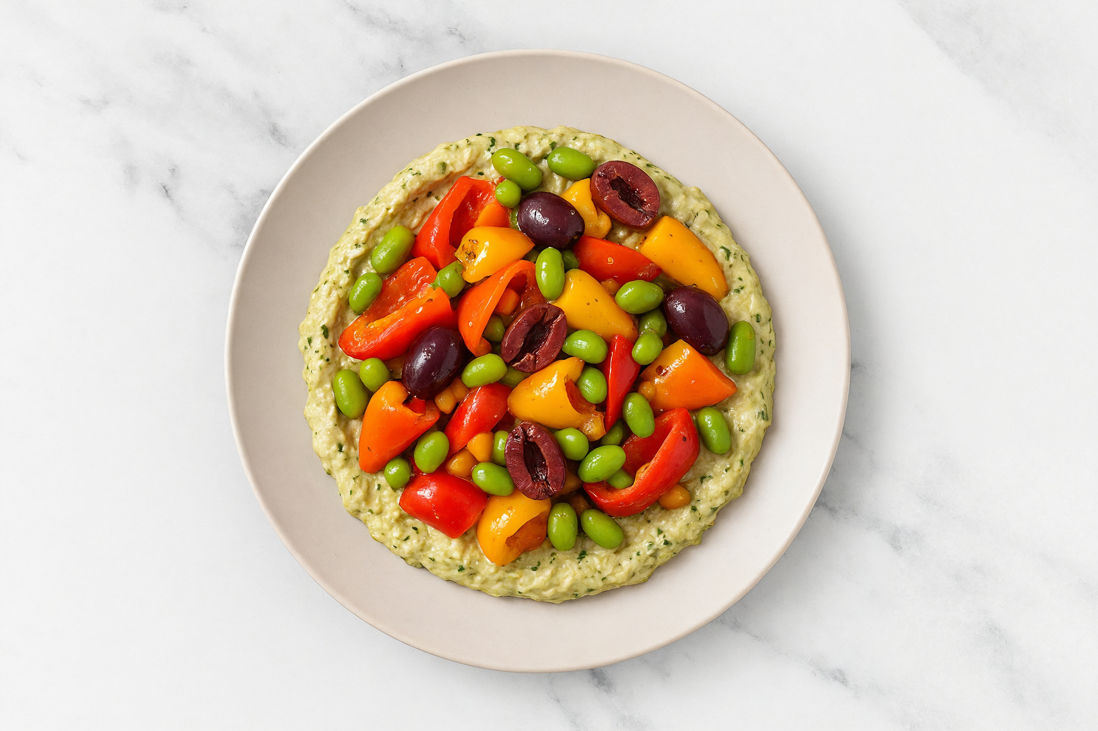 Olive Sweet Pepper Edamame Bowl over Spinach Artichoke Dip
