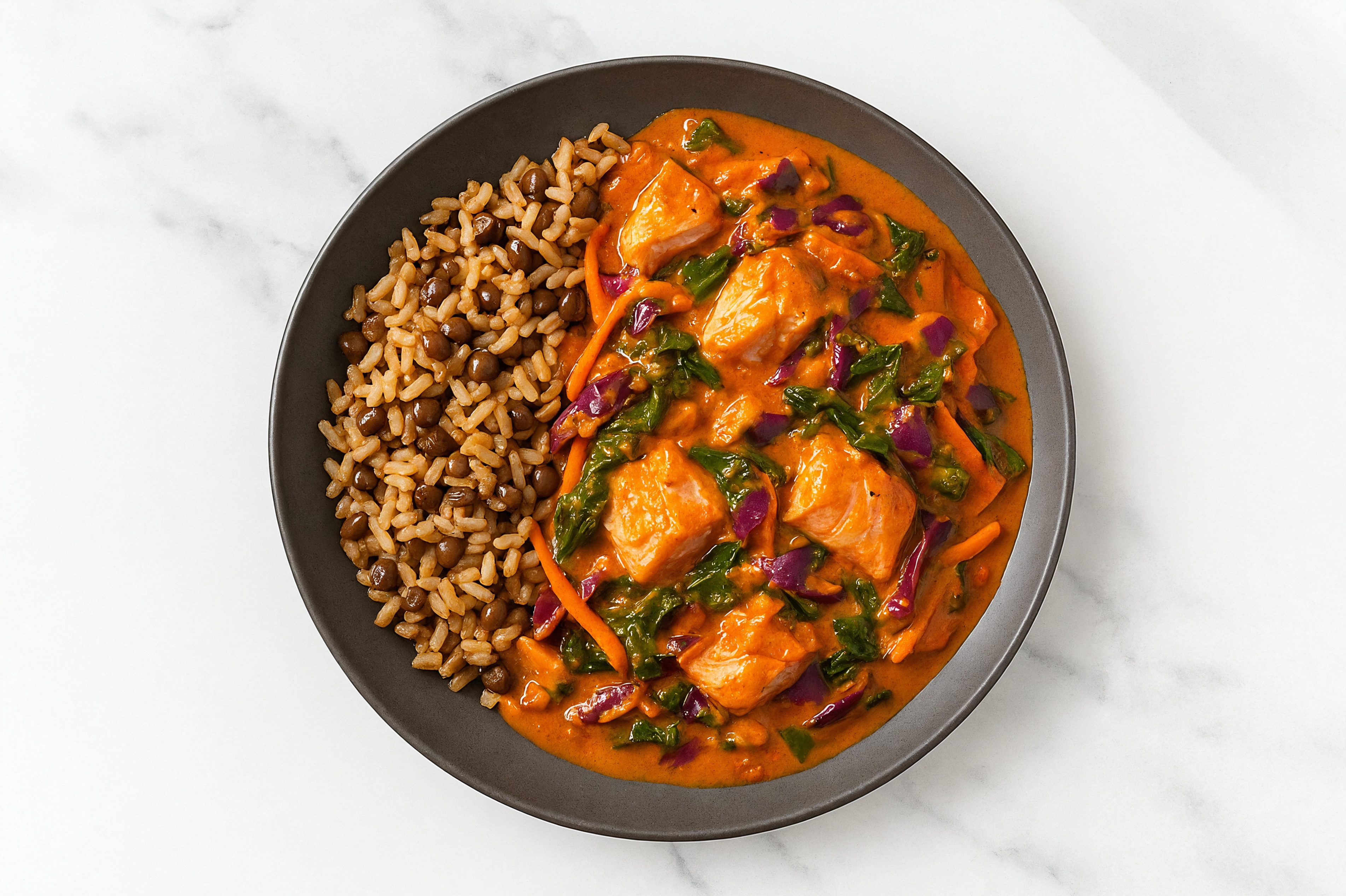 Salmon & Tikka Masala Stew with Veggies & Quinoa Rice