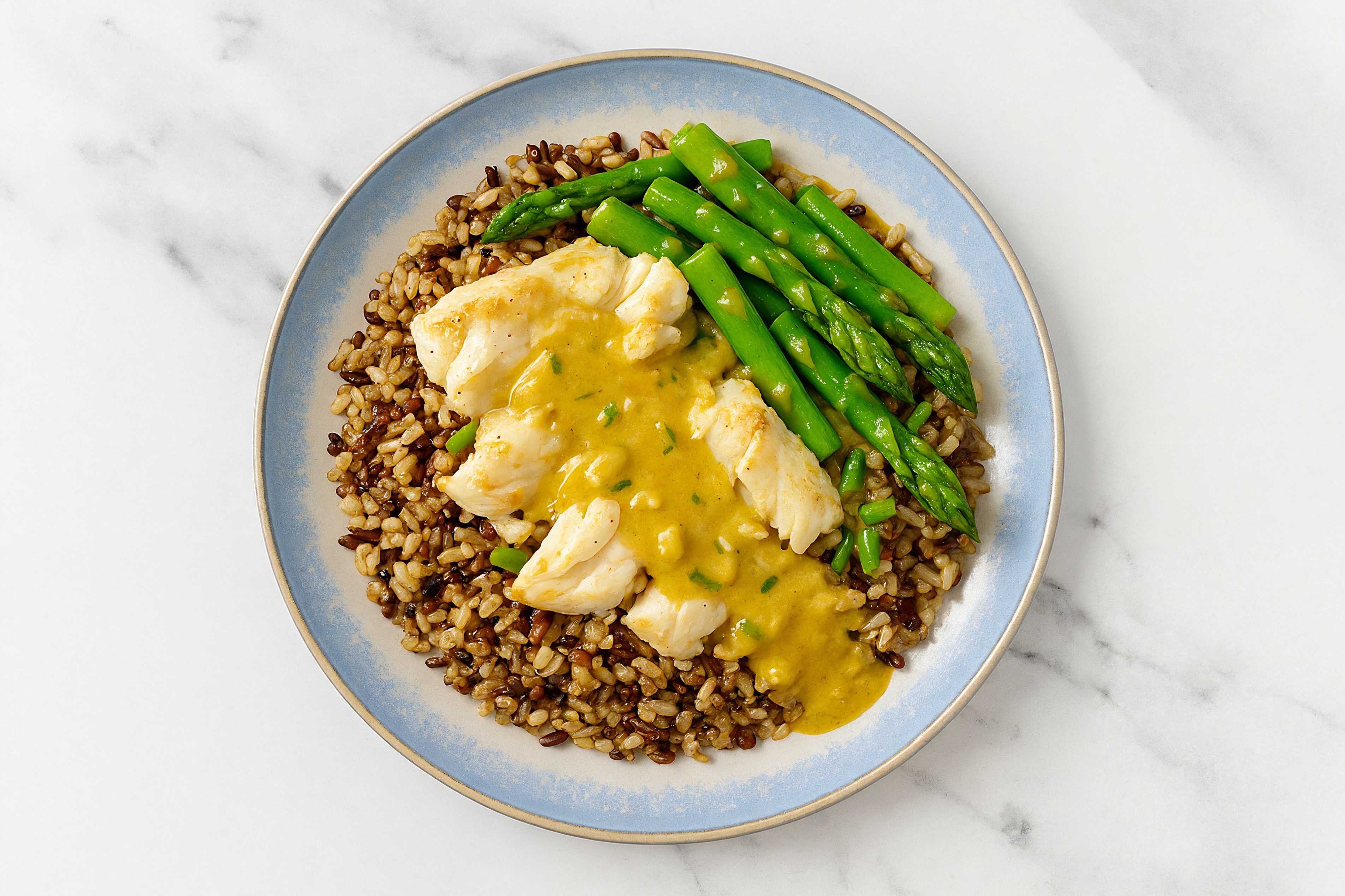 Albacore Halibut & Asparagus Grain Bowl with Coconut Curry