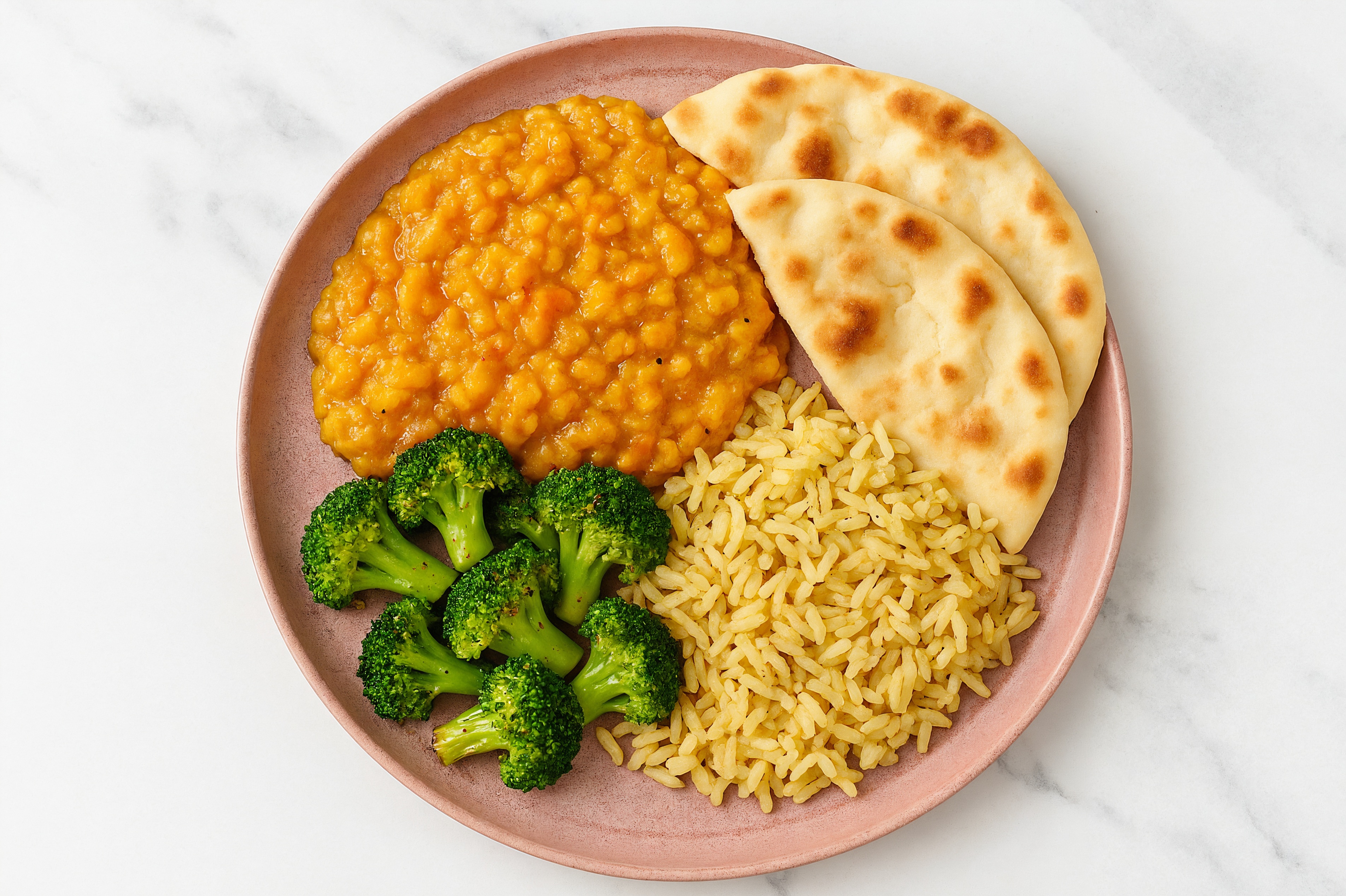 Broccoli Florets + Red Lentil Dal Grain Bowl with Naan