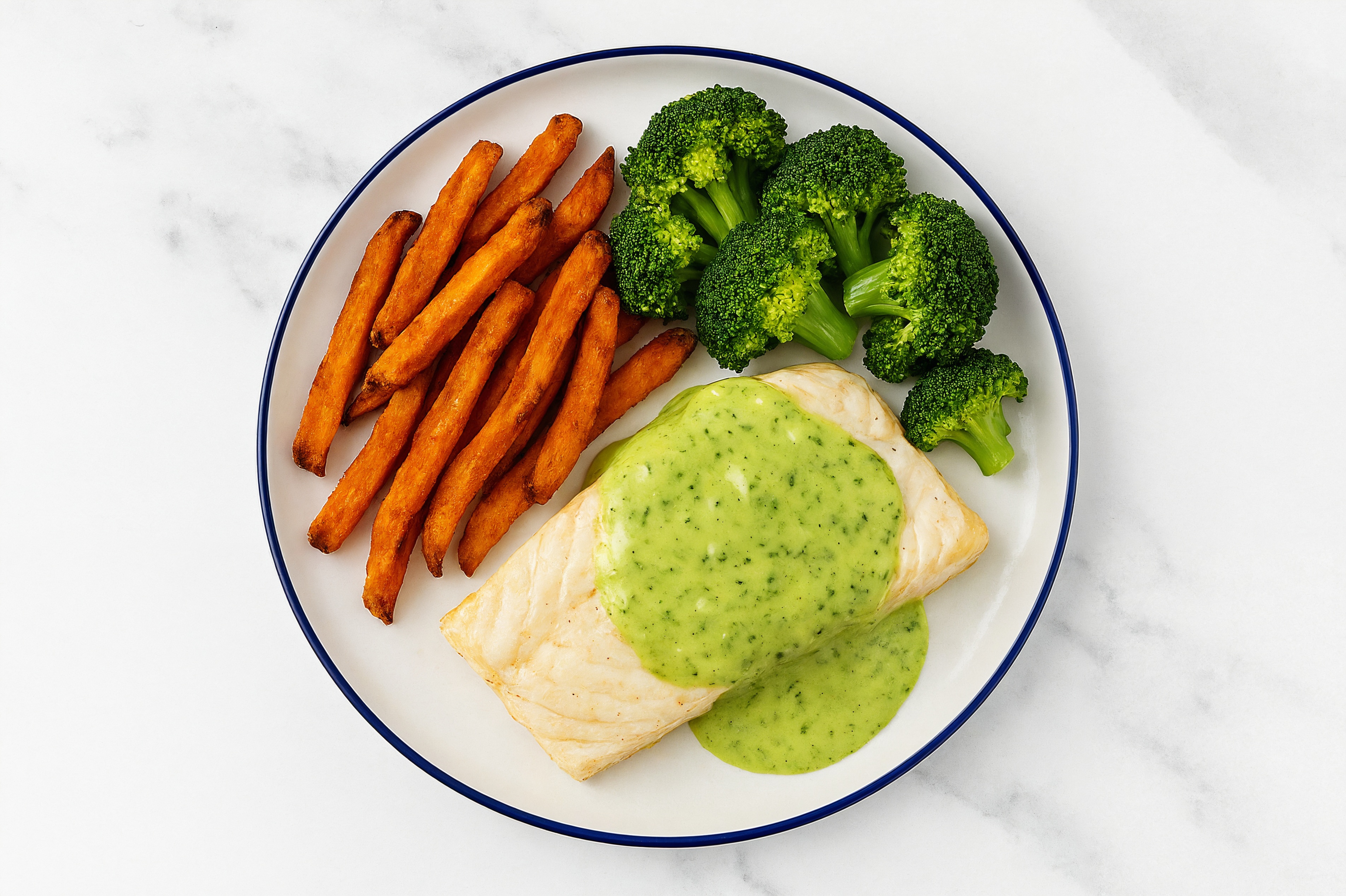 Green Goddess Halibut with Organic Broccoli + Fries