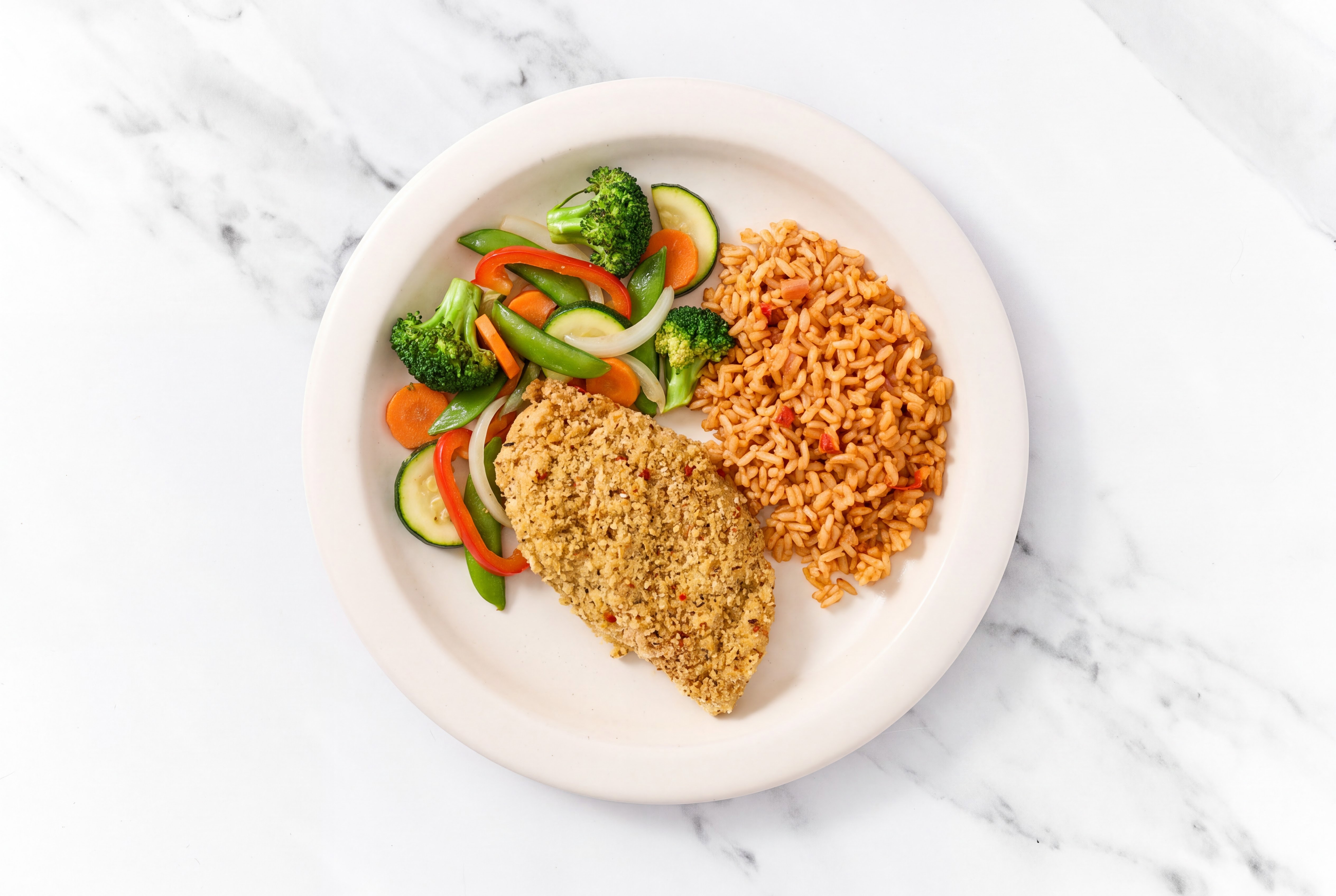 Parmesan Breaded Chicken Cutlet with Mixed Veggies & Mexican Rice