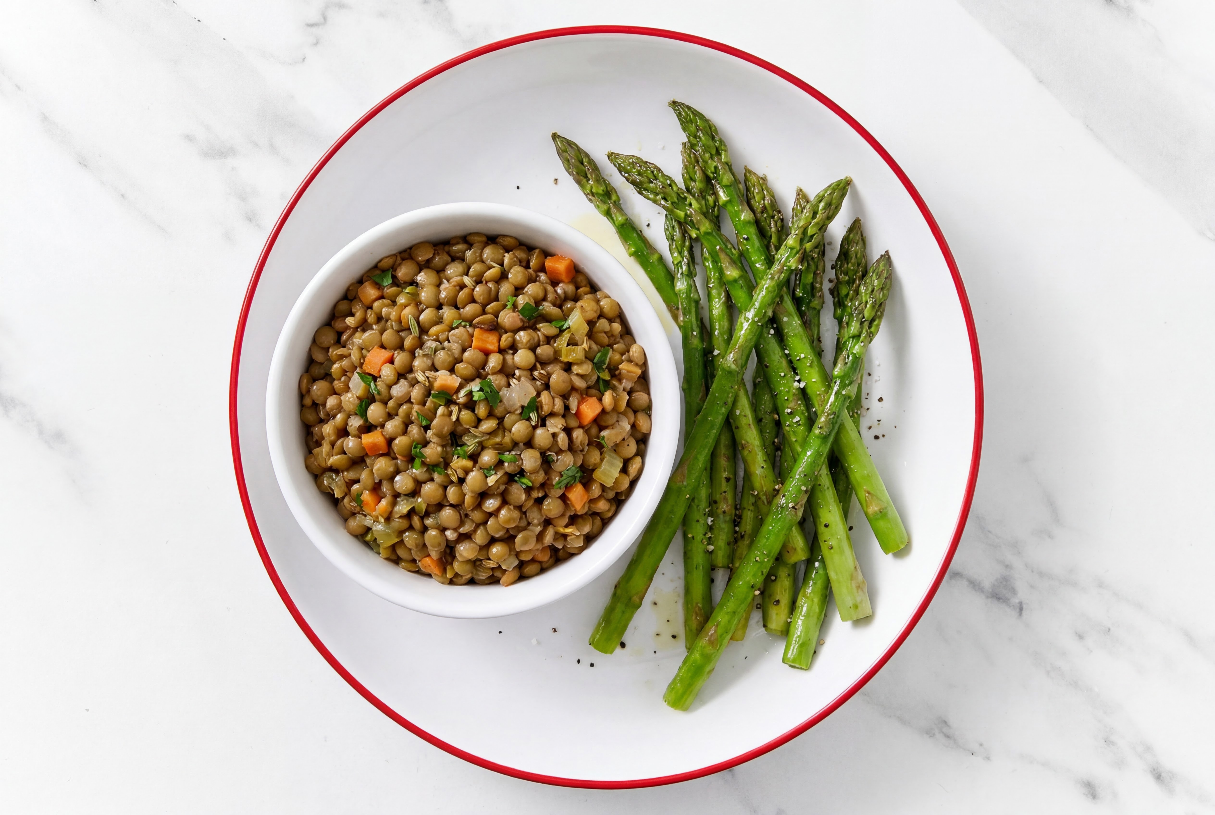 French Mirepoix Lentils with Asparagus