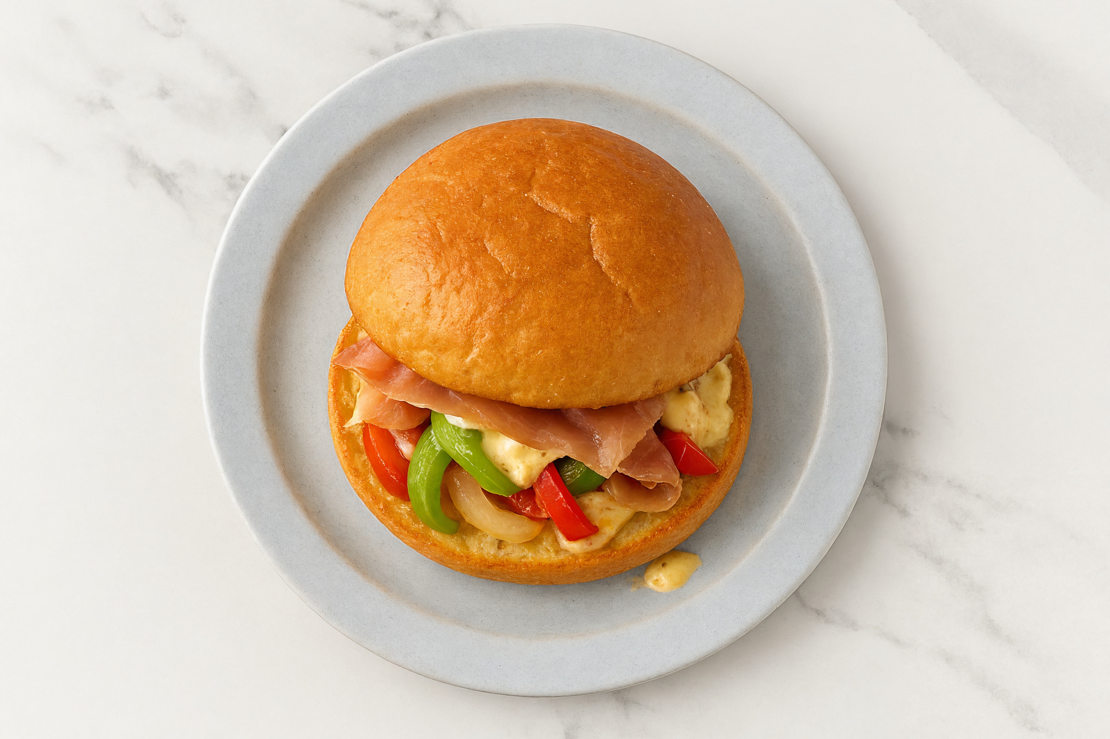 Street Corn Prosciutto Sandwich with Peppers + Onion on Gluten-Free Buns