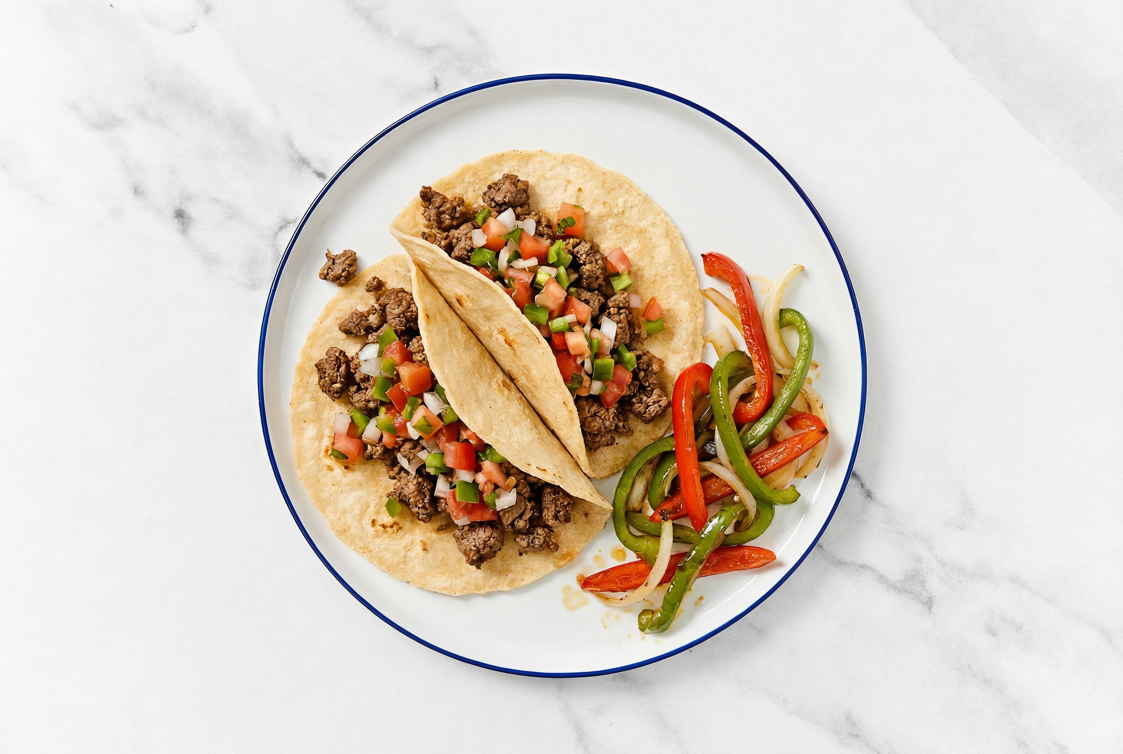 Hearty Ground Beef Tacos with Fresh Salsa + Fajita Veggies