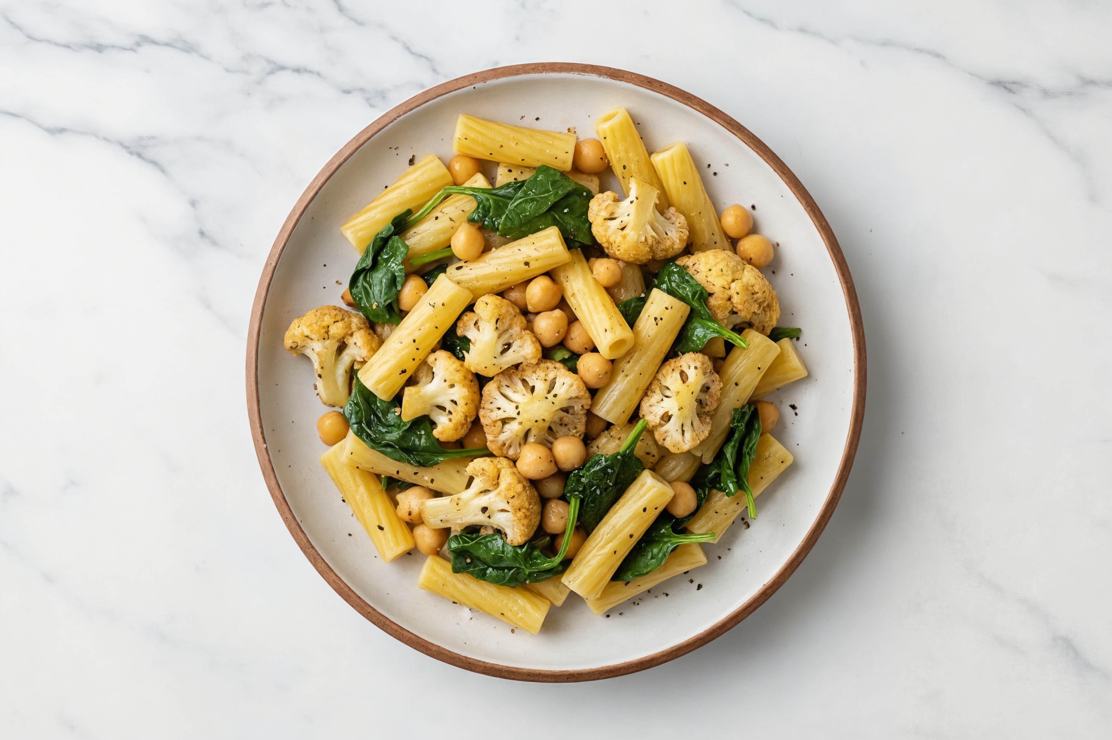 Rigatoni Bowl with Garbanzos + Cauliflower with Baby Spinach