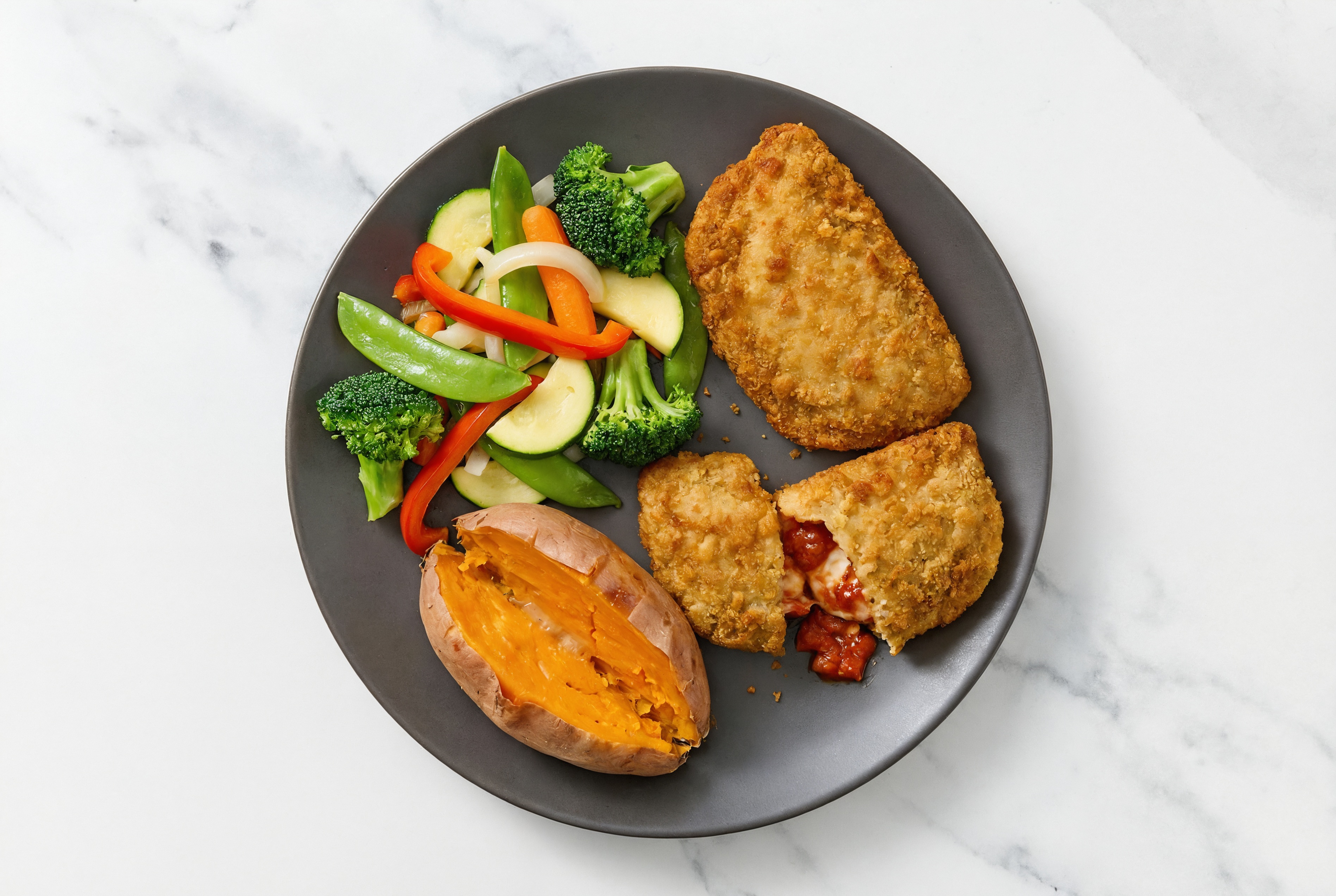 "Chicken" Parm with Veggies & Sweet Potato