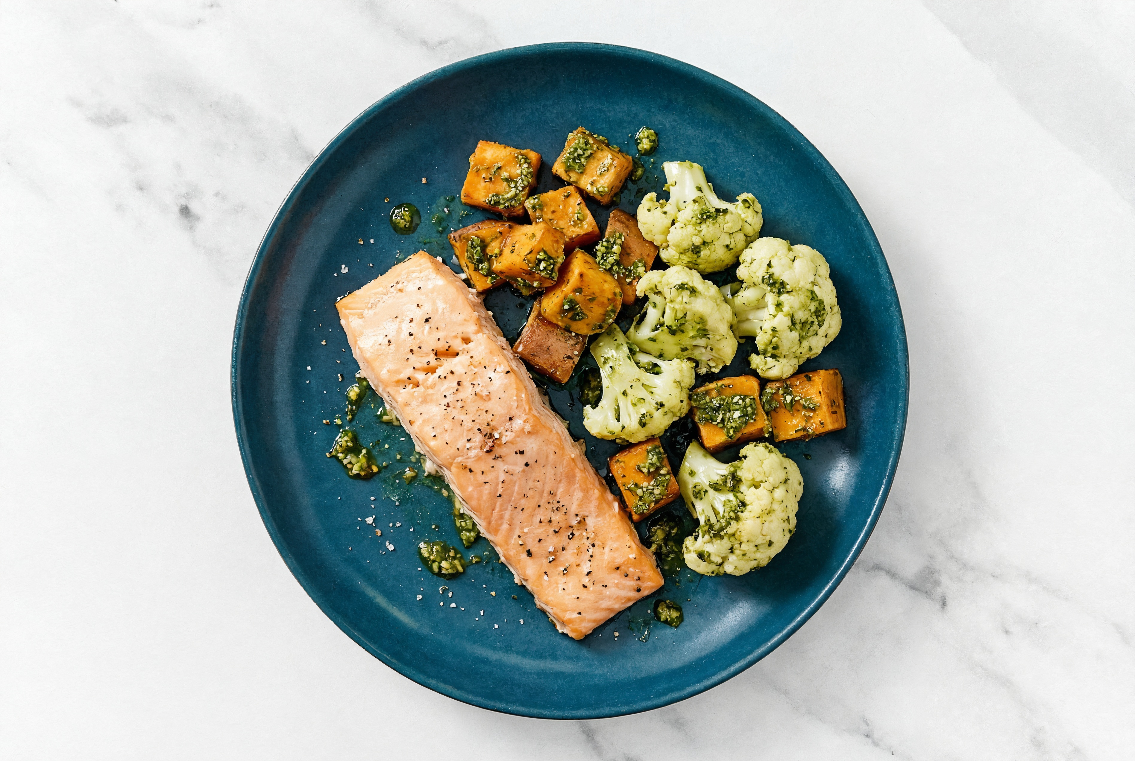 Sheet Pan Pesto-Salmon with Sweet Potatoes & Cauliflower