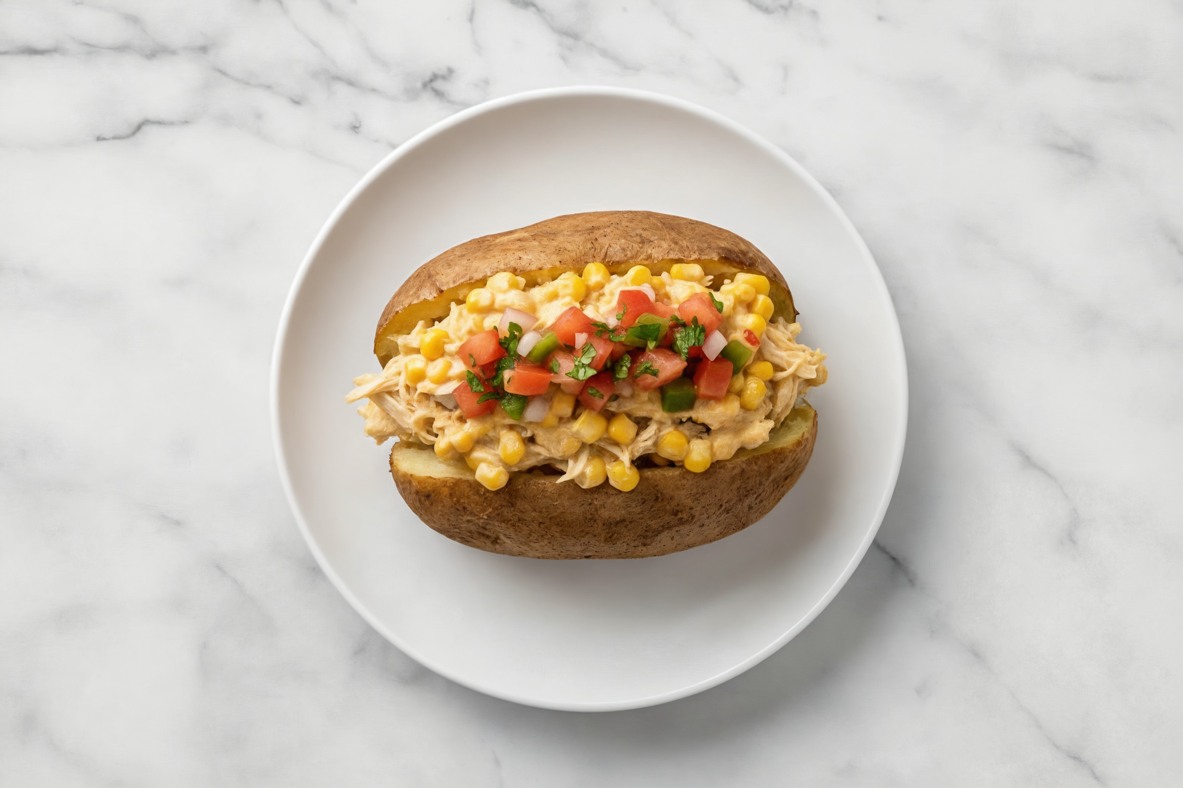 Stuffed Microwave-Ready Russet Potato Potatoes with Mexican Street Corn + Pulled Chicken and Salsa