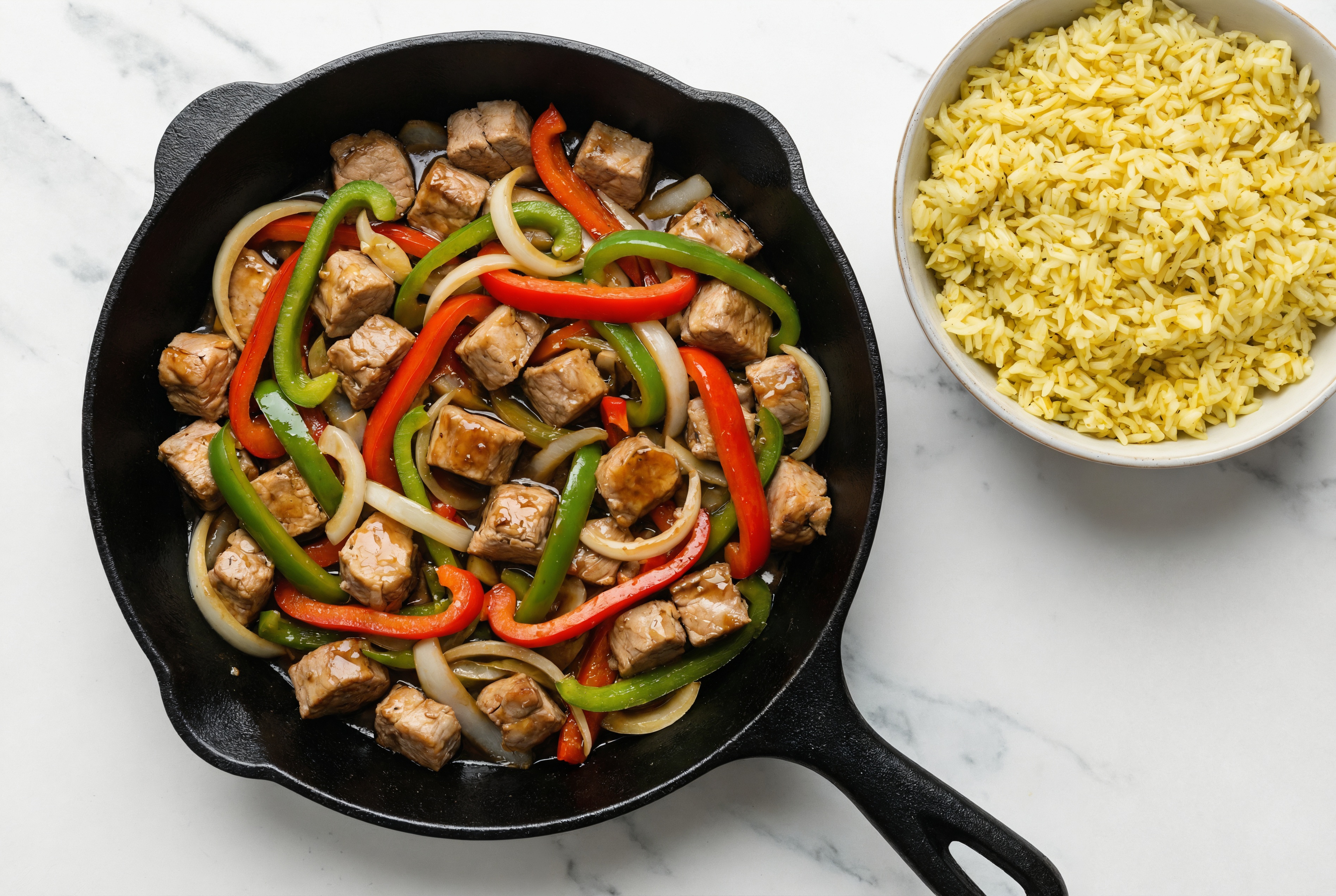 Teriyaki Pork Tenderloin Stir-Fry with Bell Peppers over Jasmine Rice