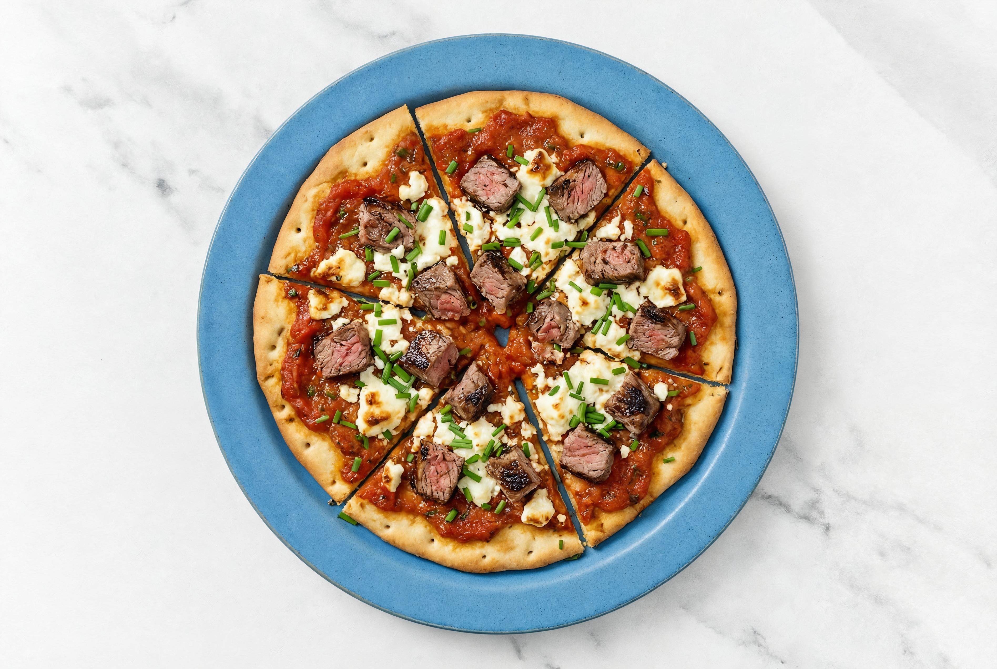 Red Sauce Sirloin Pizza with Sheep Cheese + Fresh Chives