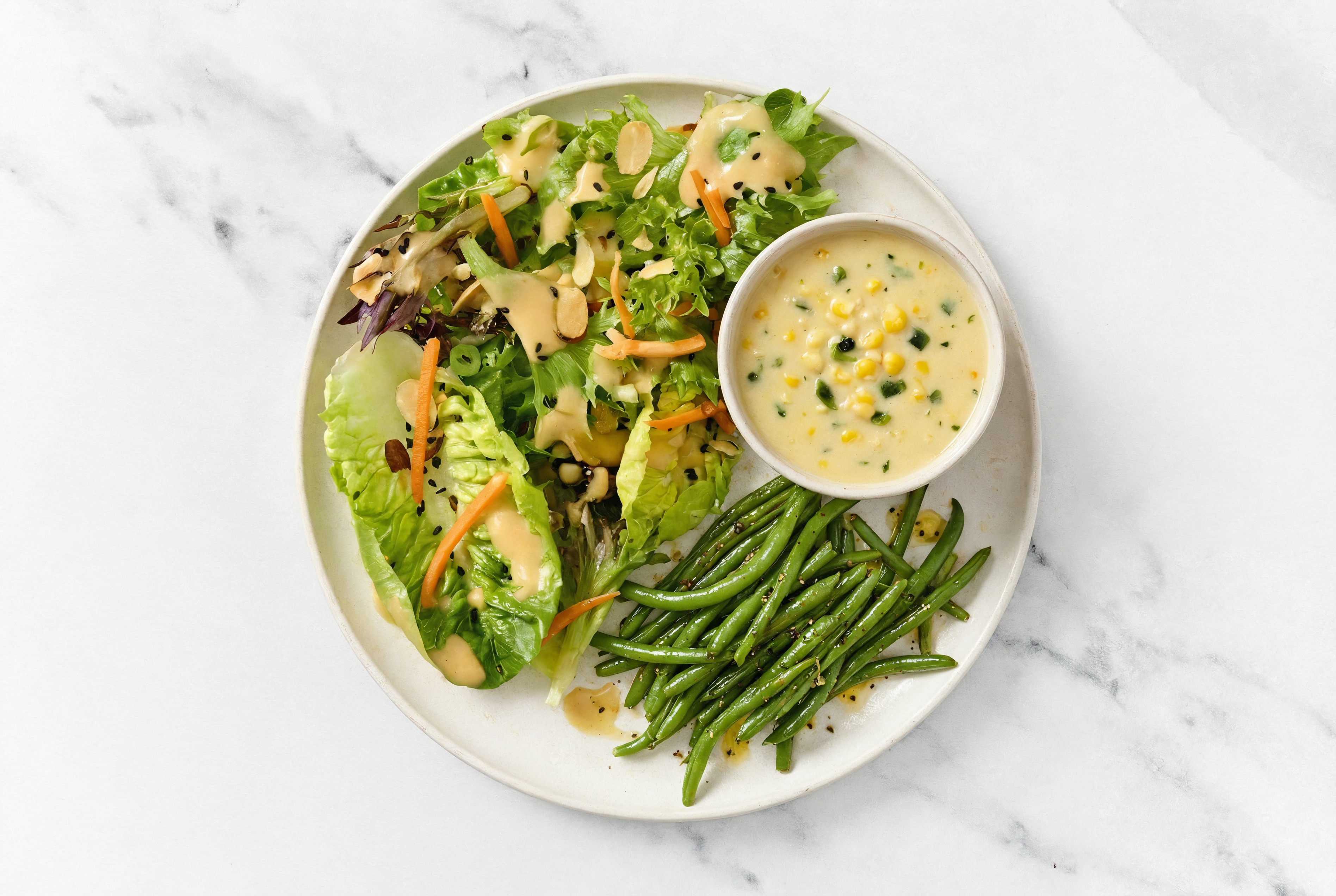 Creamy Corn Poblano Soup with Green Beans + Little Gem Salad