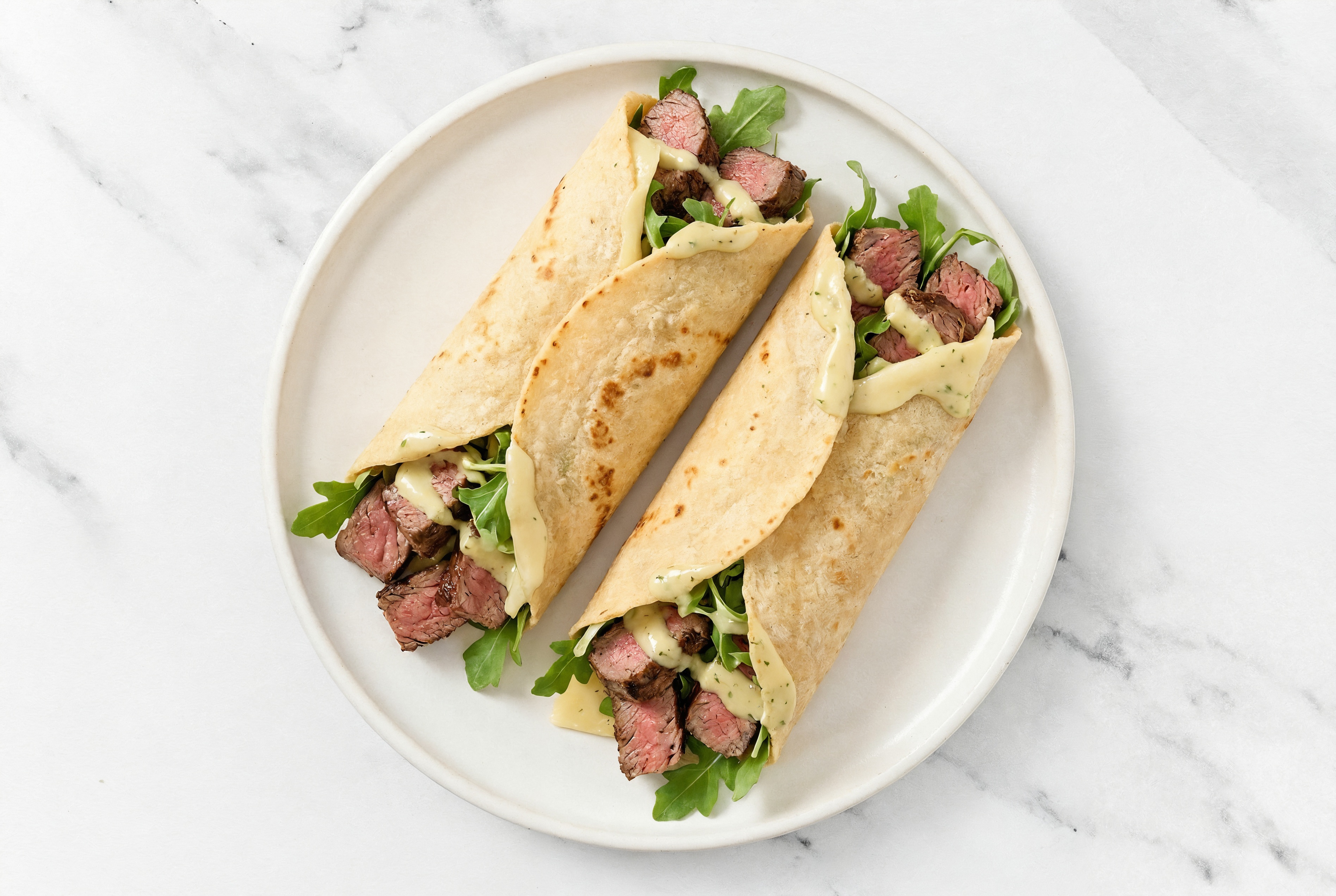 Herby Sliced Steak + Havarti Tortilla Wraps with Arugula