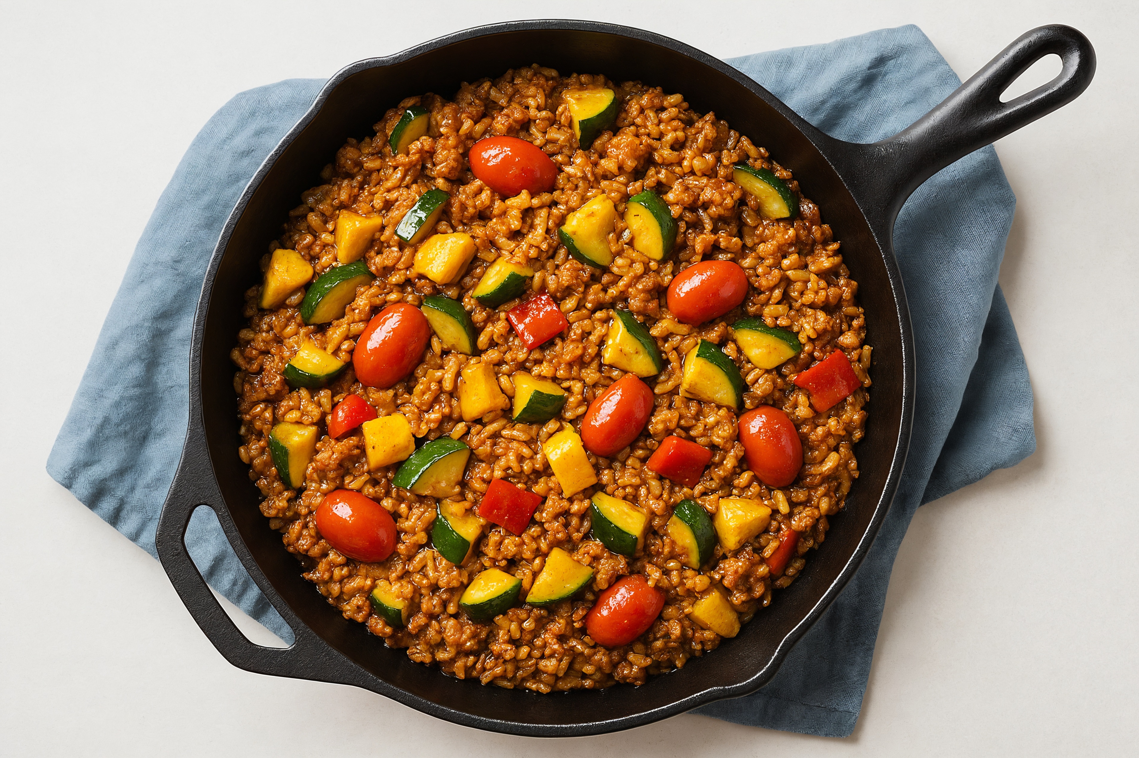 Teriyaki Squash + Ground Turkey Stir-Fry with Brown Rice